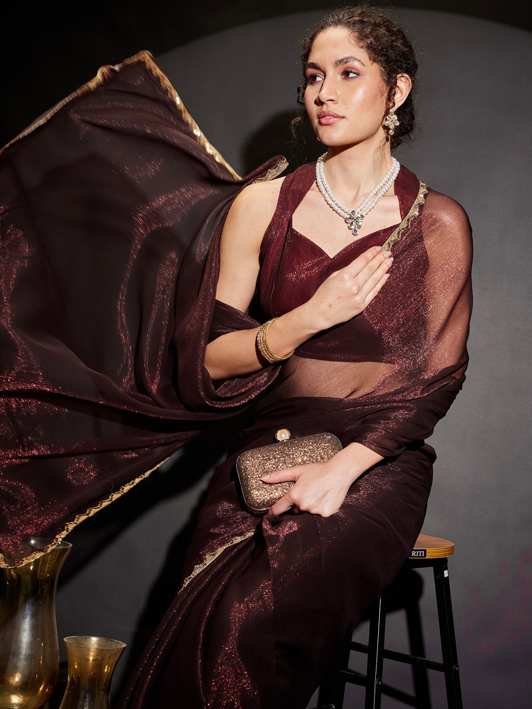 Ninnique Women's Burgundy Silk Blend Ready To Wear Embellished Shimmer Saree with Unstitched Blouse