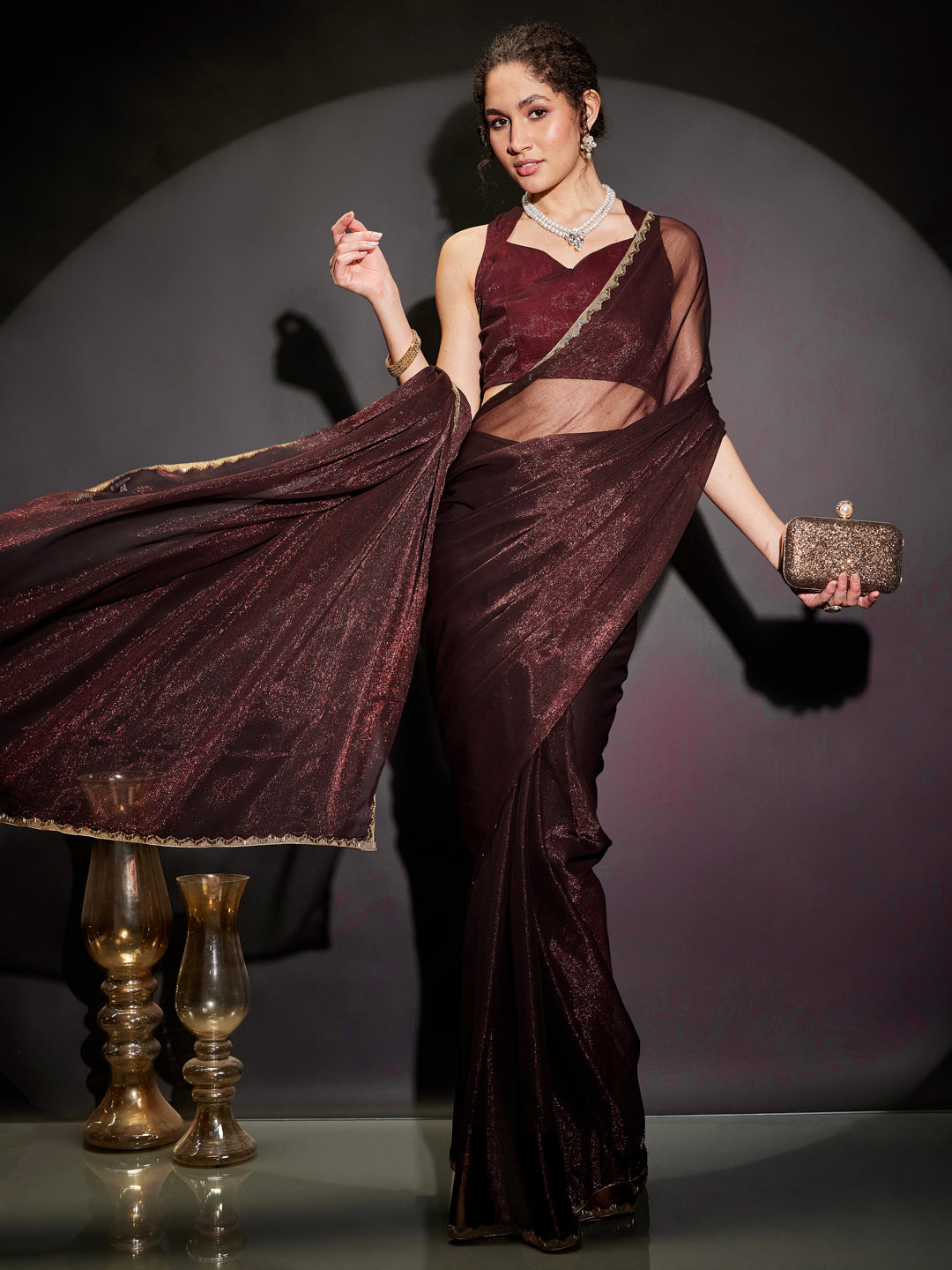 Ninnique Women's Burgundy Silk Blend Ready To Wear Embellished Shimmer Saree with Unstitched Blouse