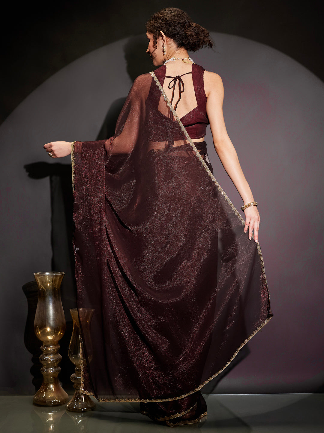 Ninnique Women's Burgundy Silk Blend Ready To Wear Embellished Shimmer Saree with Unstitched Blouse