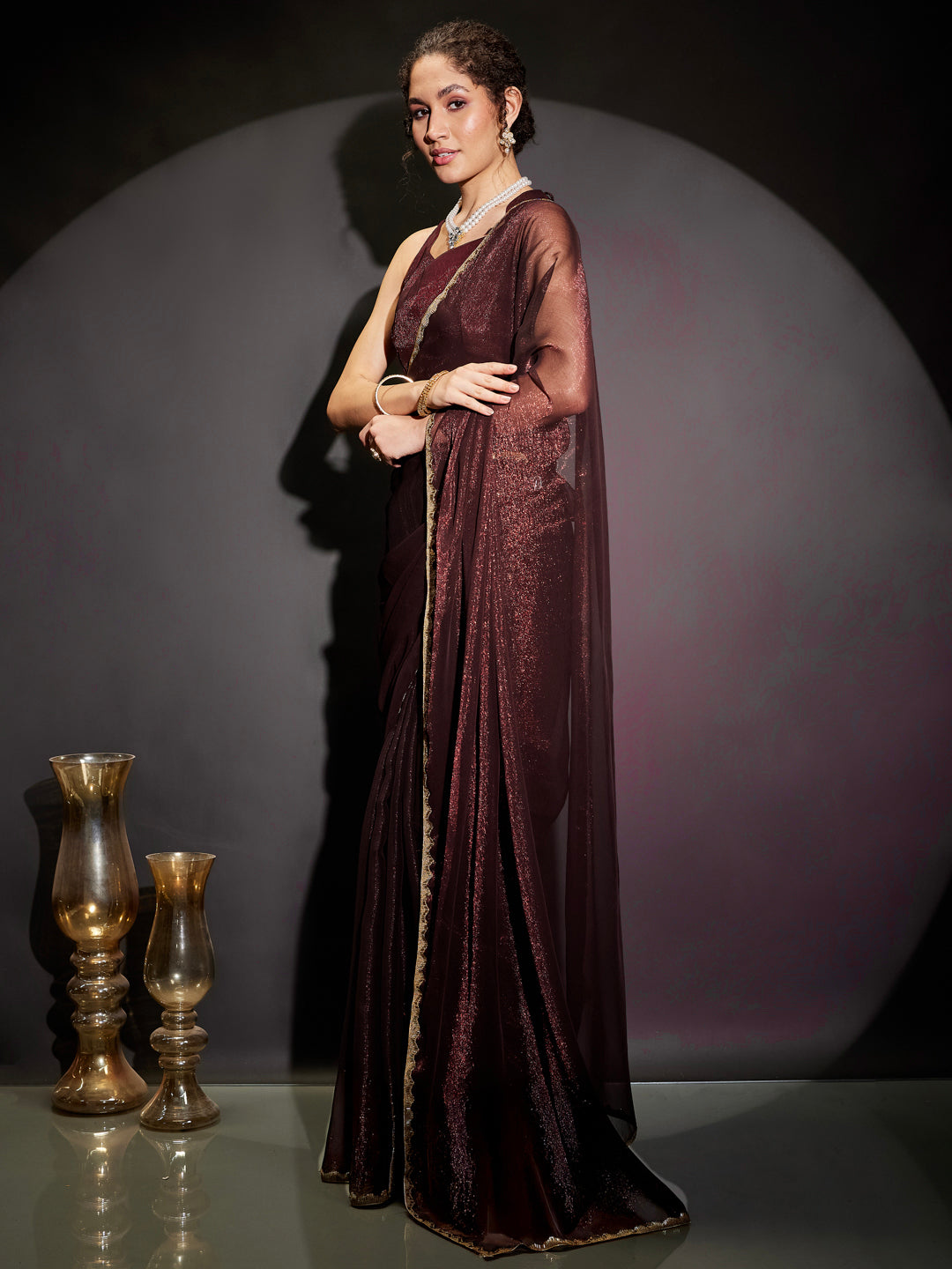 Ninnique Women's Burgundy Silk Blend Ready To Wear Embellished Shimmer Saree with Unstitched Blouse