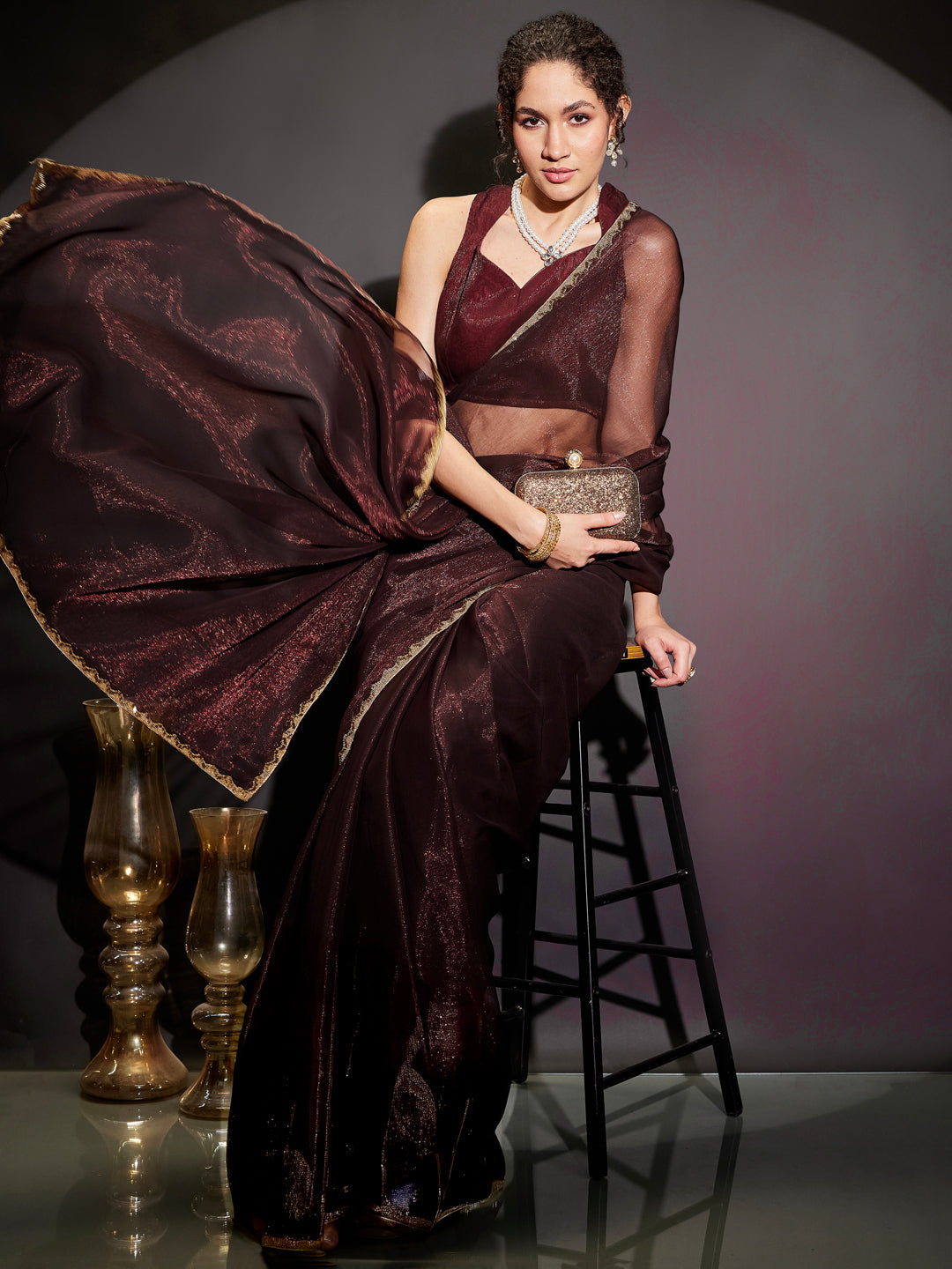 Ninnique Women's Burgundy Silk Blend Ready To Wear Embellished Shimmer Saree with Unstitched Blouse