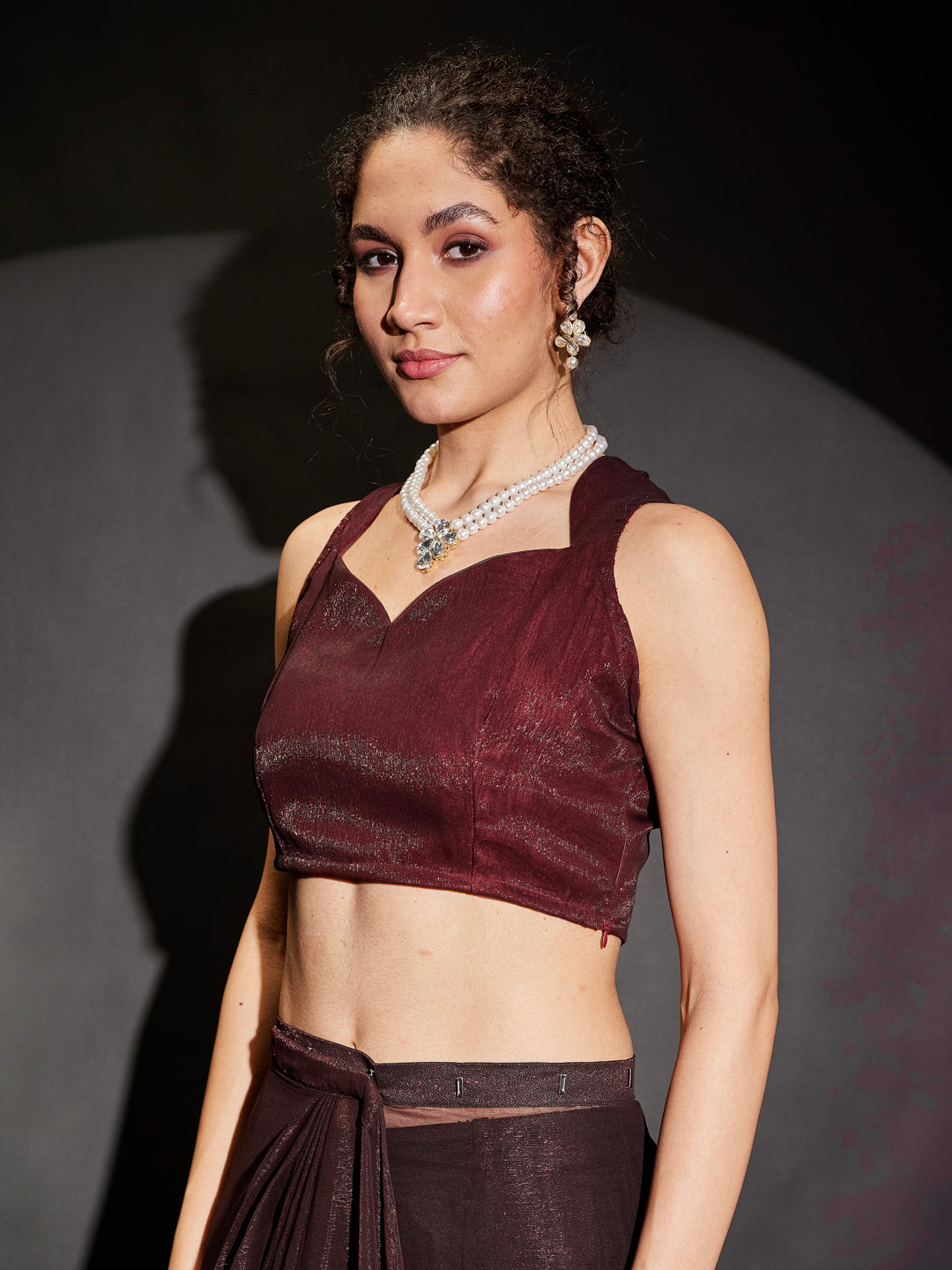 Ninnique Women's Burgundy Silk Blend Ready To Wear Embellished Shimmer Saree with Unstitched Blouse