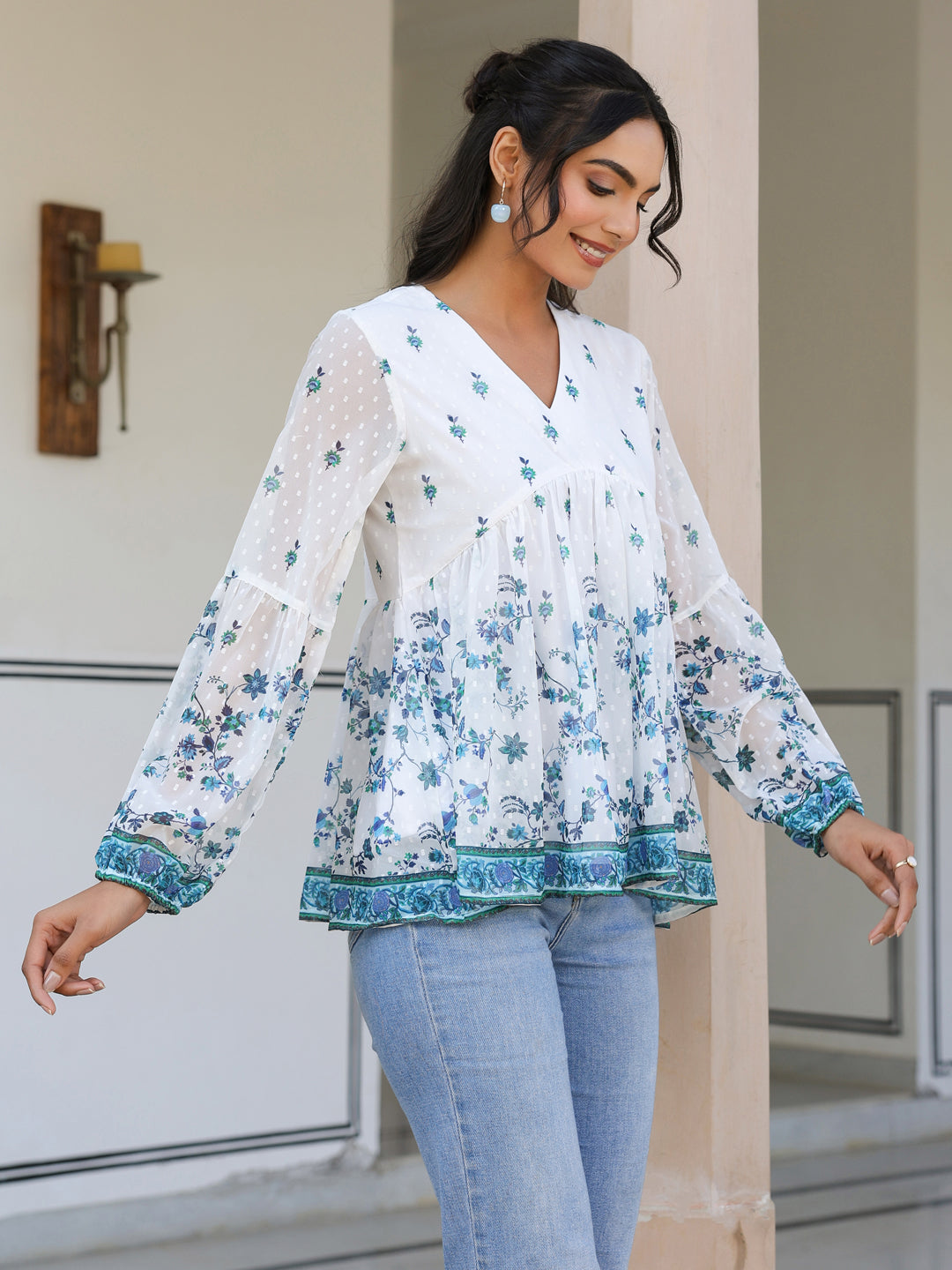 White Georgette Digital Print Flared Top