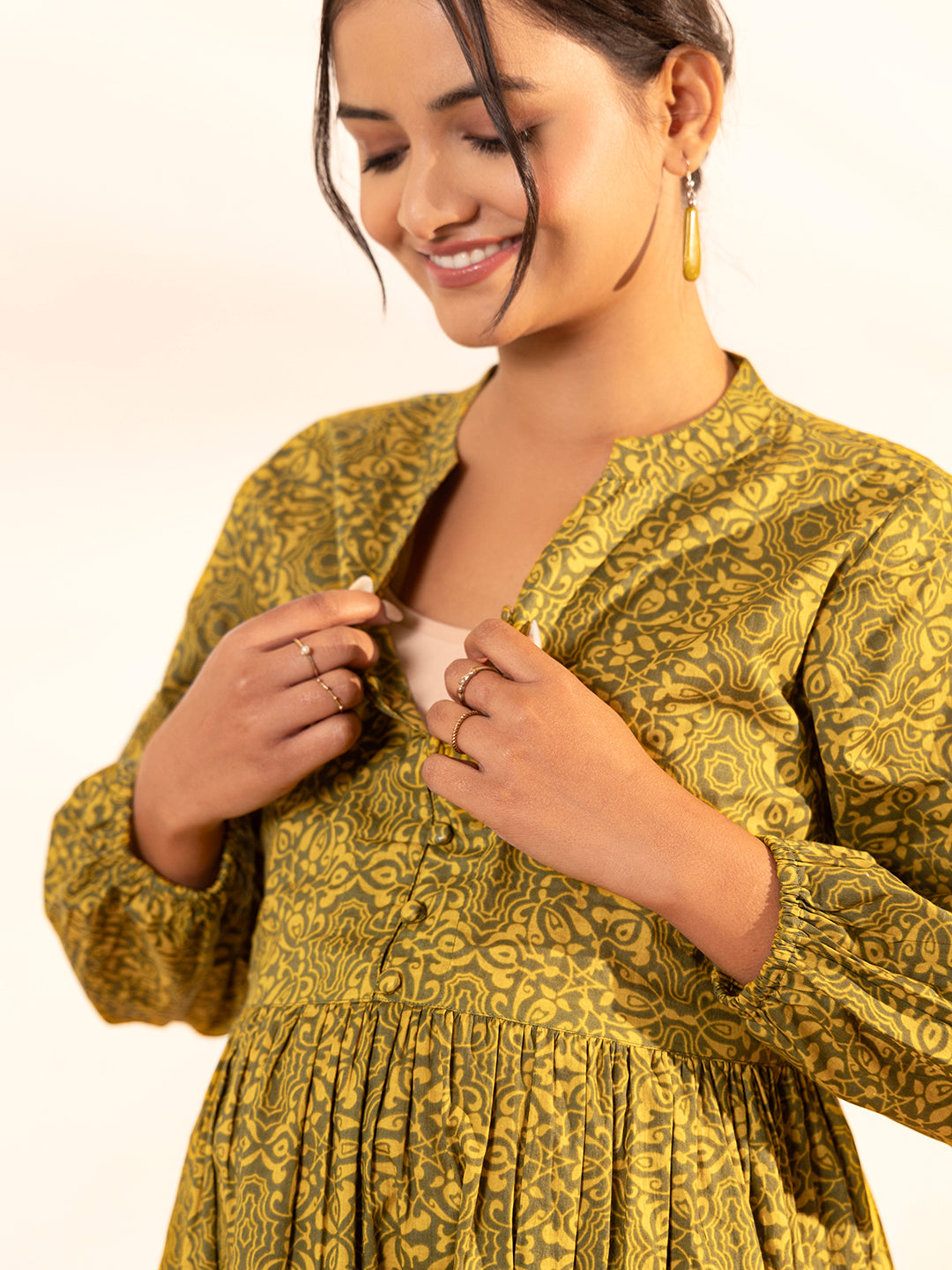 Olive Cotton Printed Gathered Maternity Kurta Set