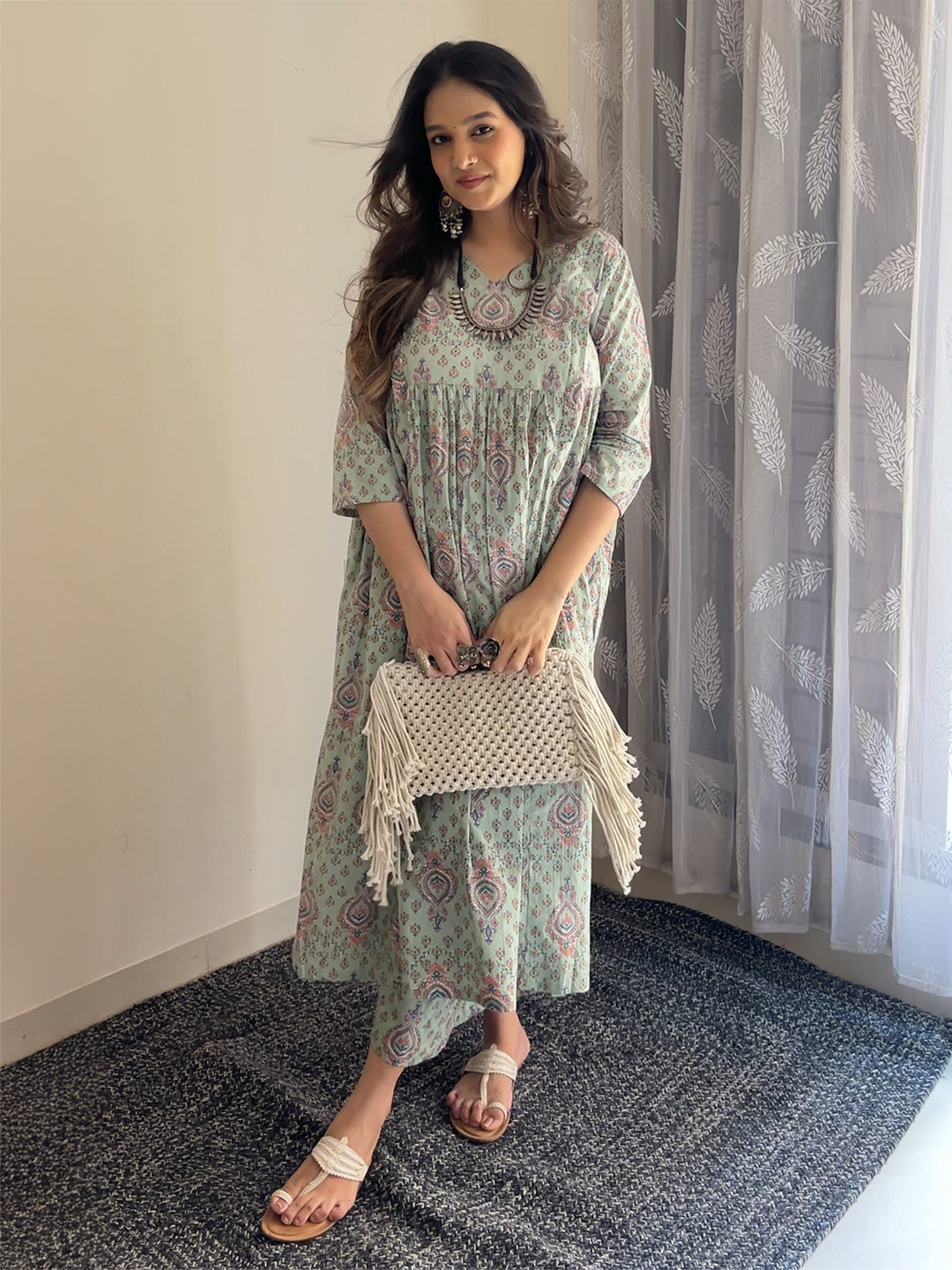 Light Green Pure Cotton Floral Printed A-line Maternity Kurta Pant Set