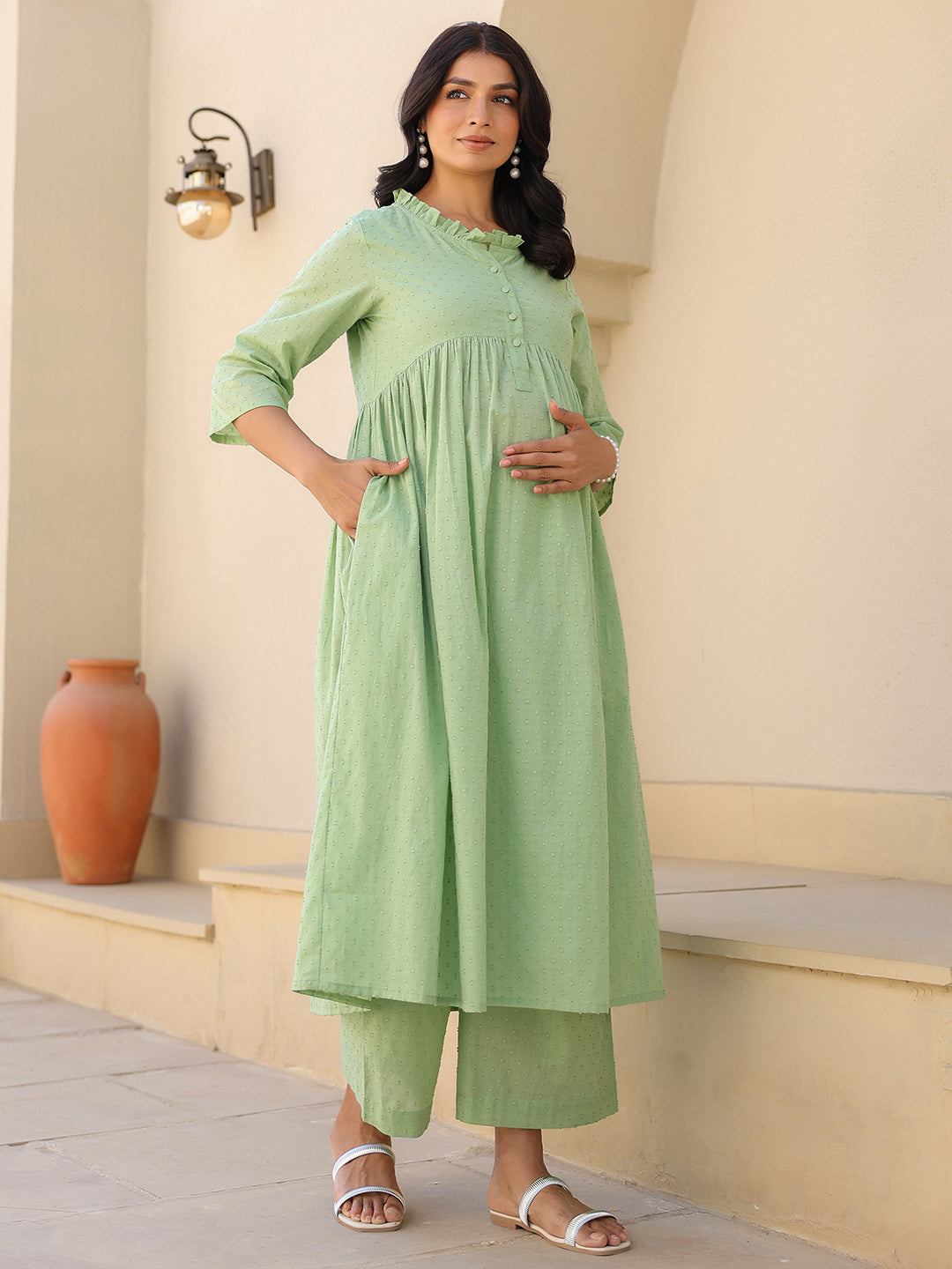 Green Dobby Pure Cotton Self Design A-line Maternity Kurta Pant Set