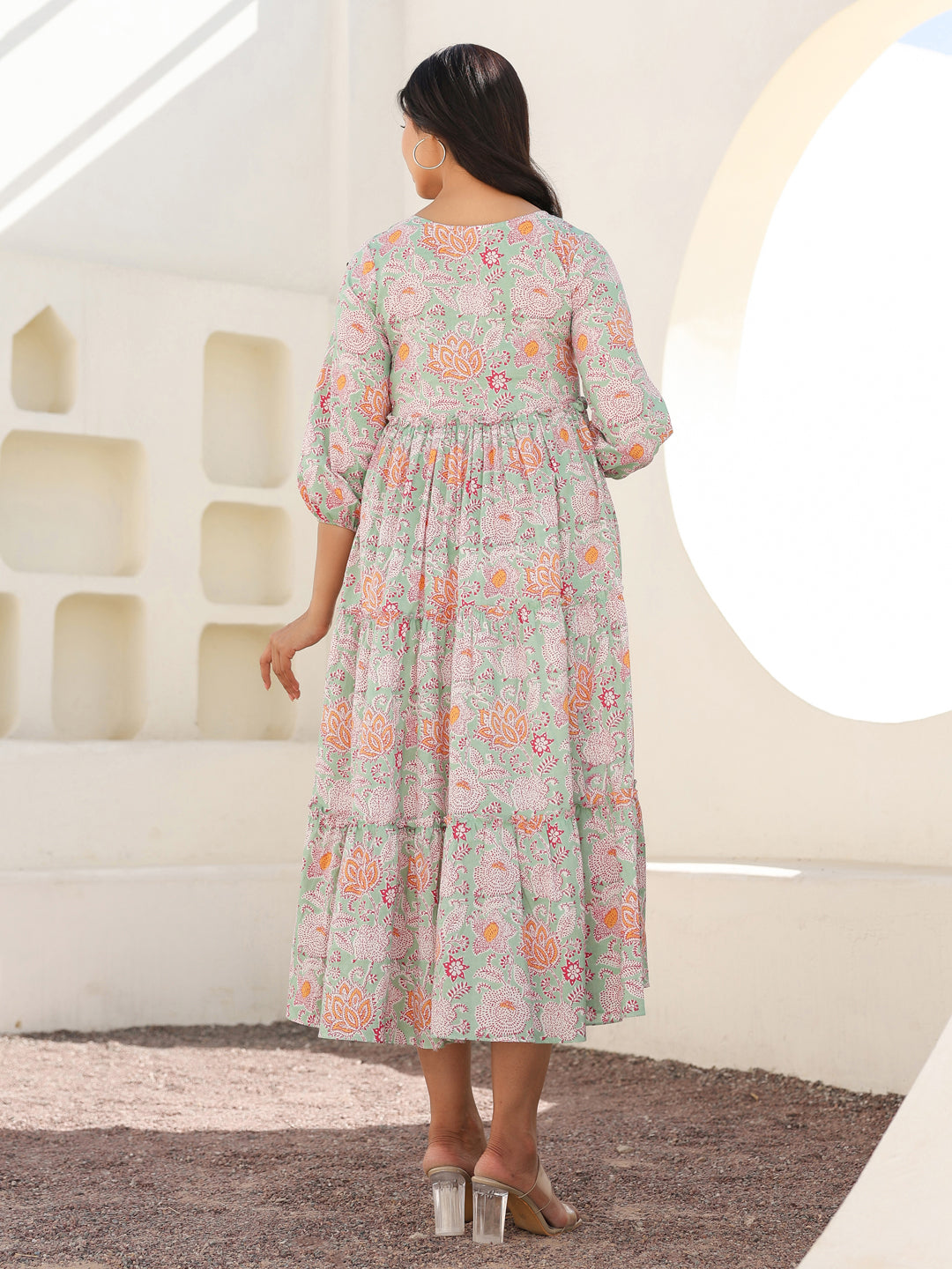Light Green Pure Cotton Floral Printed Tiered Maternity Dress