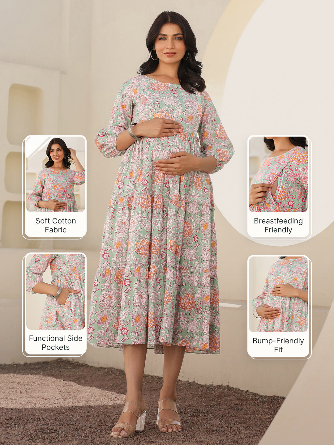 Light Green Pure Cotton Floral Printed Tiered Maternity Dress