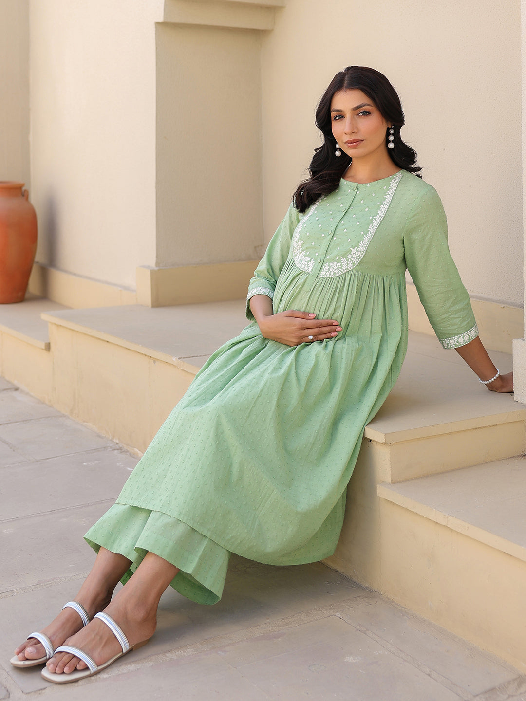 Ninnique Women's Light Green Dobby Pure Cotton Yoke Embroidered A line Maternity Kurta Pant Set