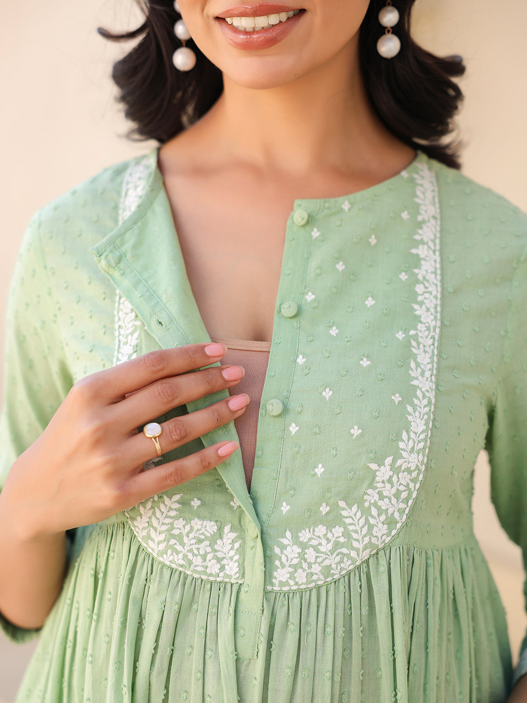 Ninnique Women's Light Green Dobby Pure Cotton Yoke Embroidered A line Maternity Kurta Pant Set