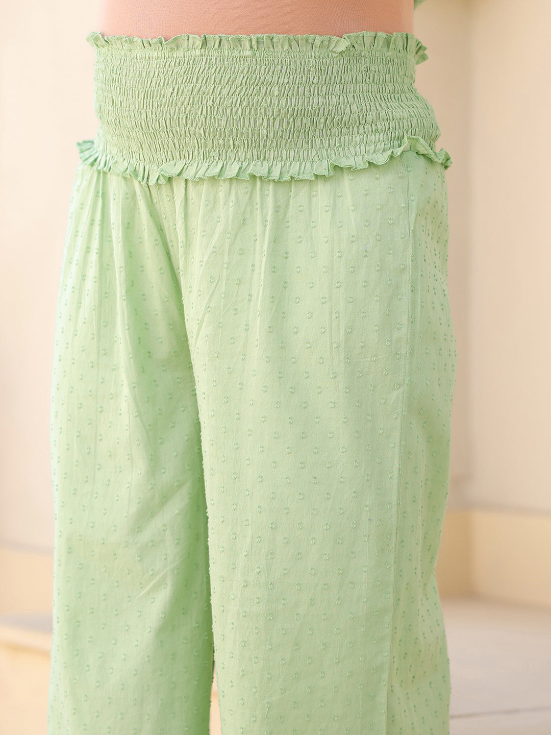 Ninnique Women's Light Green Dobby Pure Cotton Yoke Embroidered A line Maternity Kurta Pant Set