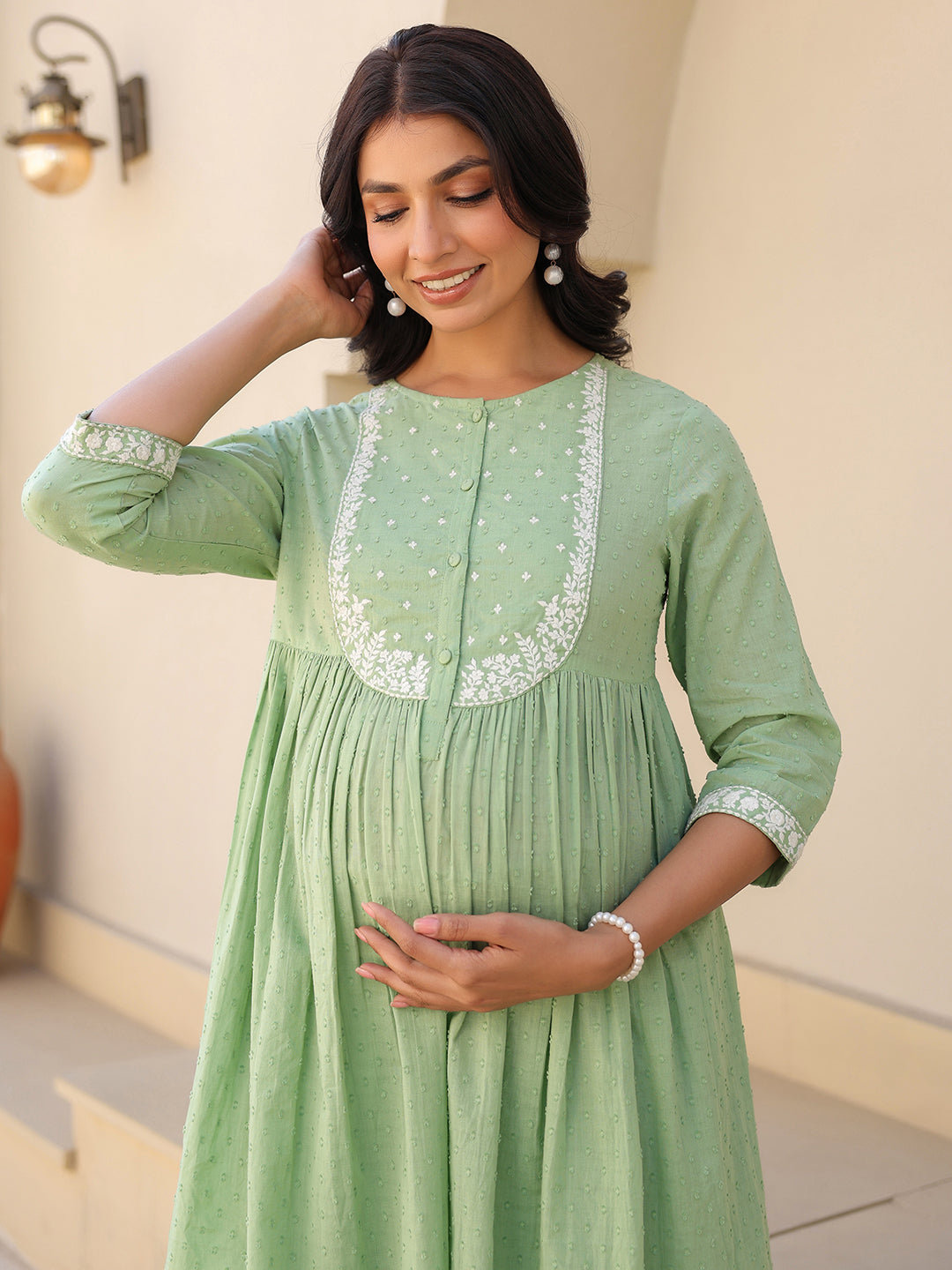 Ninnique Women's Light Green Dobby Pure Cotton Yoke Embroidered A line Maternity Kurta Pant Set