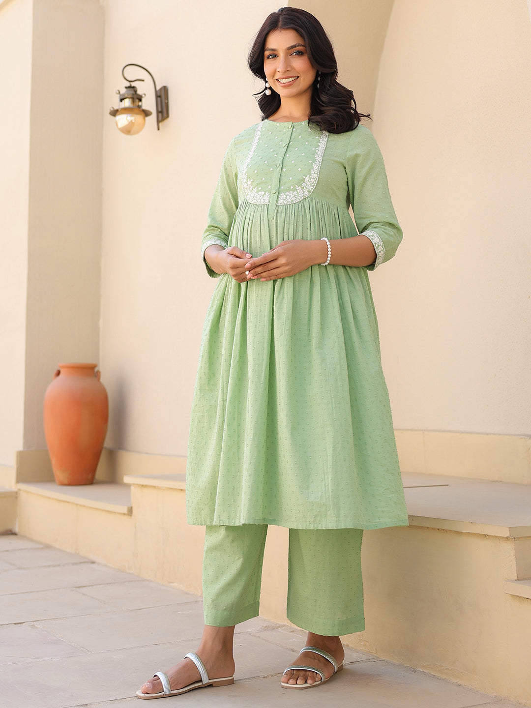 Ninnique Women's Light Green Dobby Pure Cotton Yoke Embroidered A line Maternity Kurta Pant Set