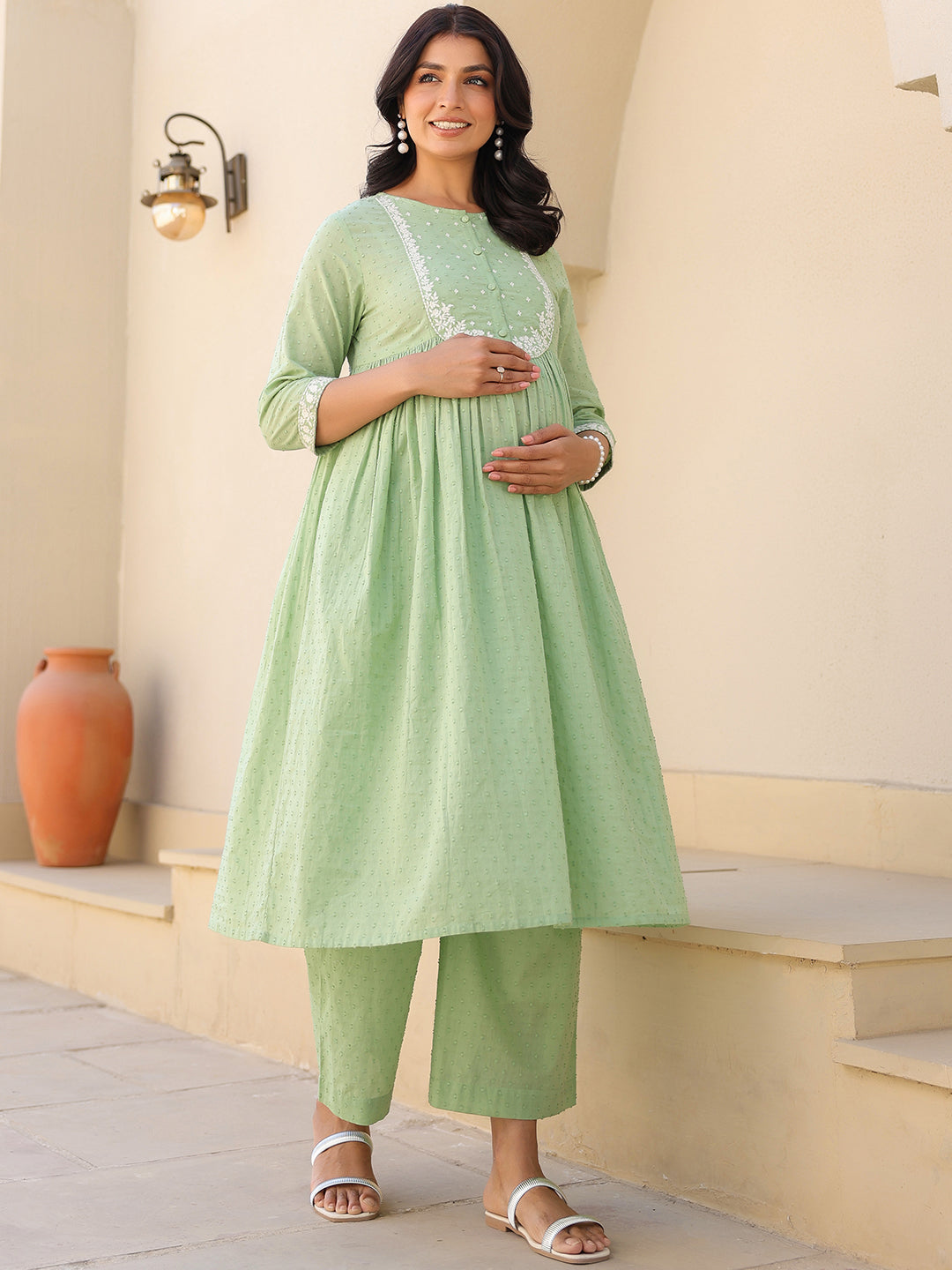 Ninnique Women's Light Green Dobby Pure Cotton Yoke Embroidered A line Maternity Kurta Pant Set