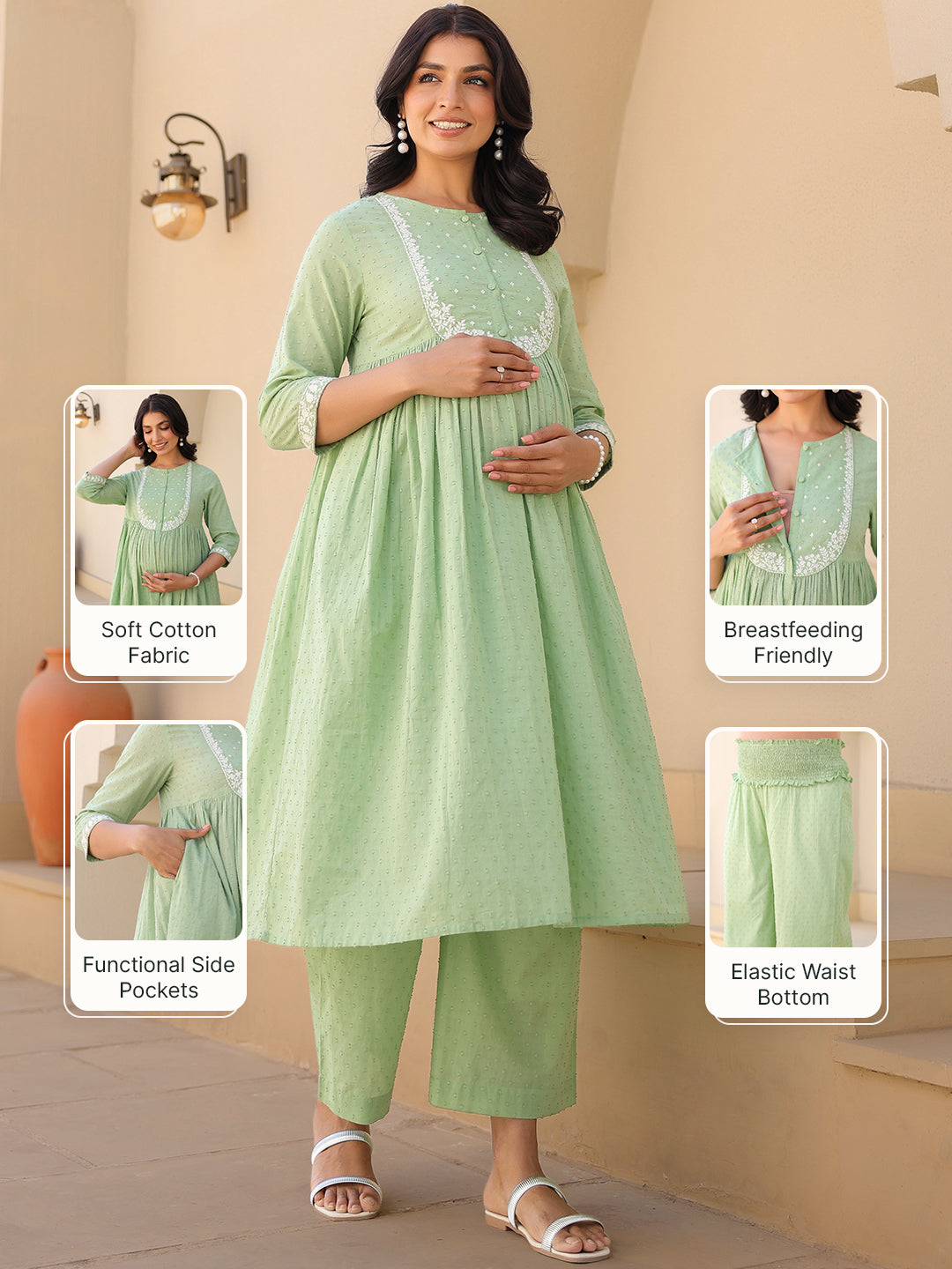 Ninnique Women's Light Green Dobby Pure Cotton Yoke Embroidered A line Maternity Kurta Pant Set