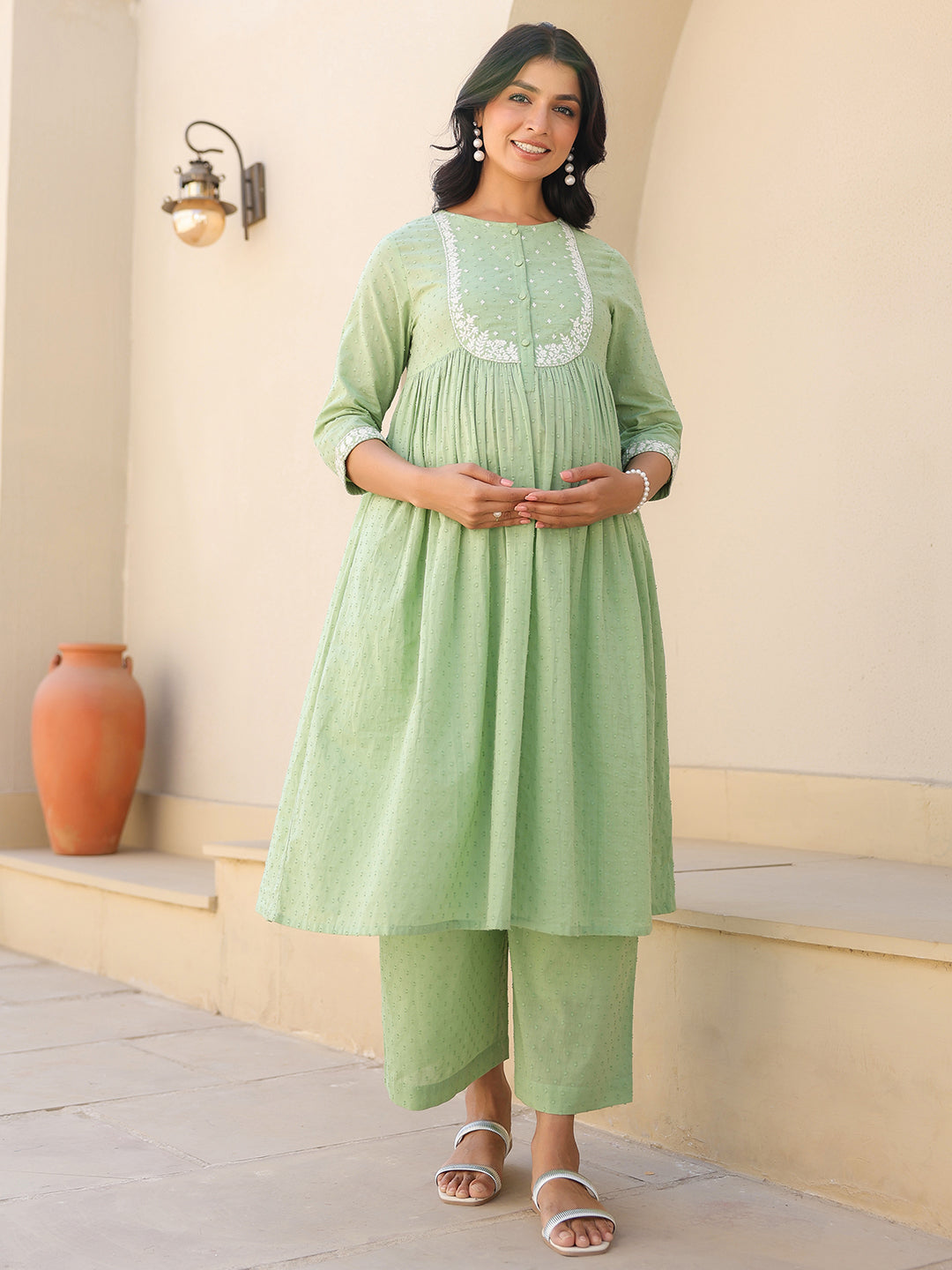 Ninnique Women's Light Green Dobby Pure Cotton Yoke Embroidered A line Maternity Kurta Pant Set
