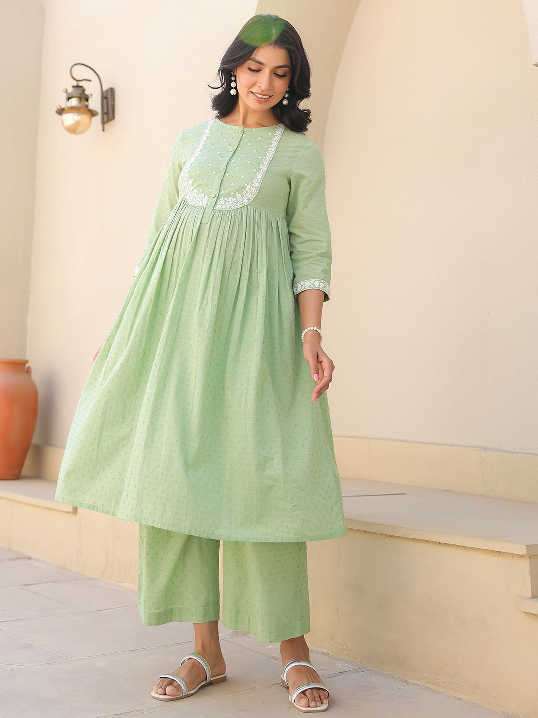 Ninnique Women's Light Green Dobby Pure Cotton Yoke Embroidered A line Maternity Kurta Pant Set