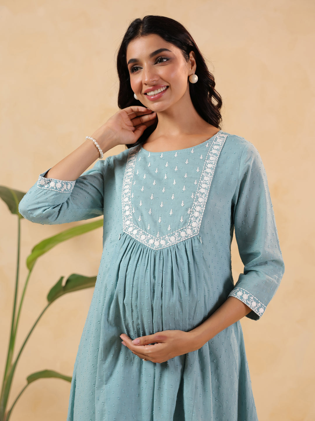 Ninnique Women's Light Blue Dobby Pure Cotton Yoke Embroidered A-line Maternity Kurta Pant Set