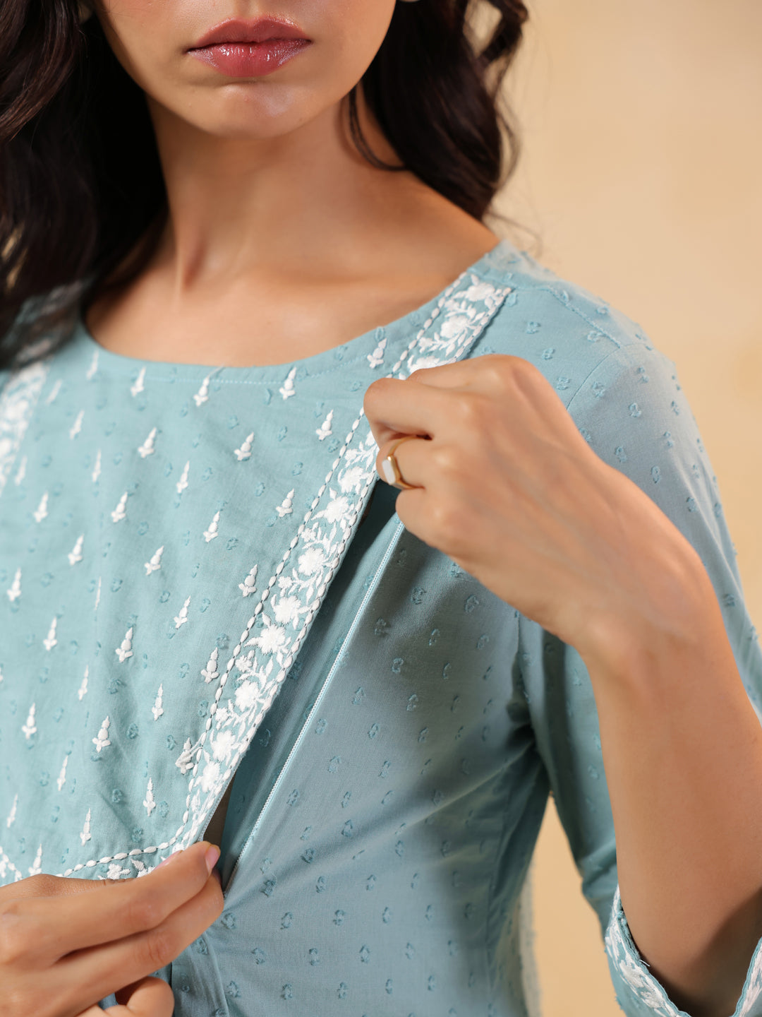 Ninnique Women's Light Blue Dobby Pure Cotton Yoke Embroidered A-line Maternity Kurta Pant Set