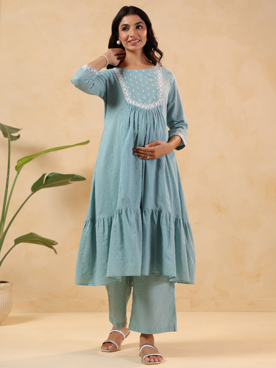 Ninnique Women's Light Blue Dobby Pure Cotton Yoke Embroidered A-line Maternity Kurta Pant Set