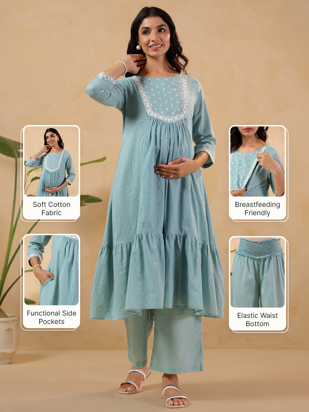 Ninnique Women's Light Blue Dobby Pure Cotton Yoke Embroidered A-line Maternity Kurta Pant Set
