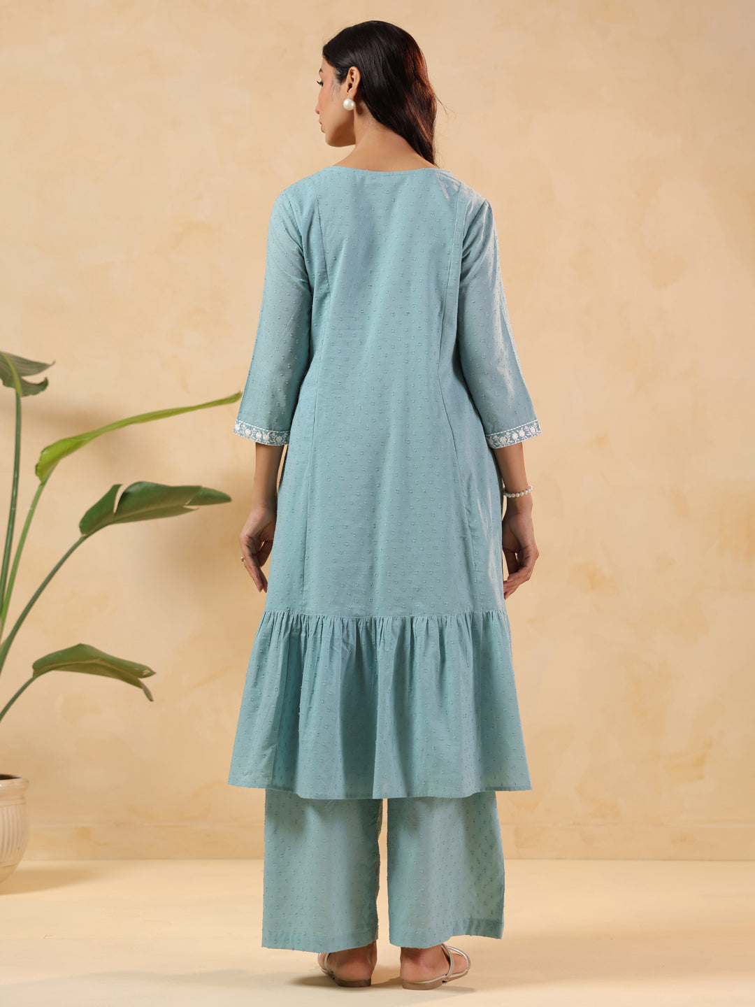 Ninnique Women's Light Blue Dobby Pure Cotton Yoke Embroidered A-line Maternity Kurta Pant Set