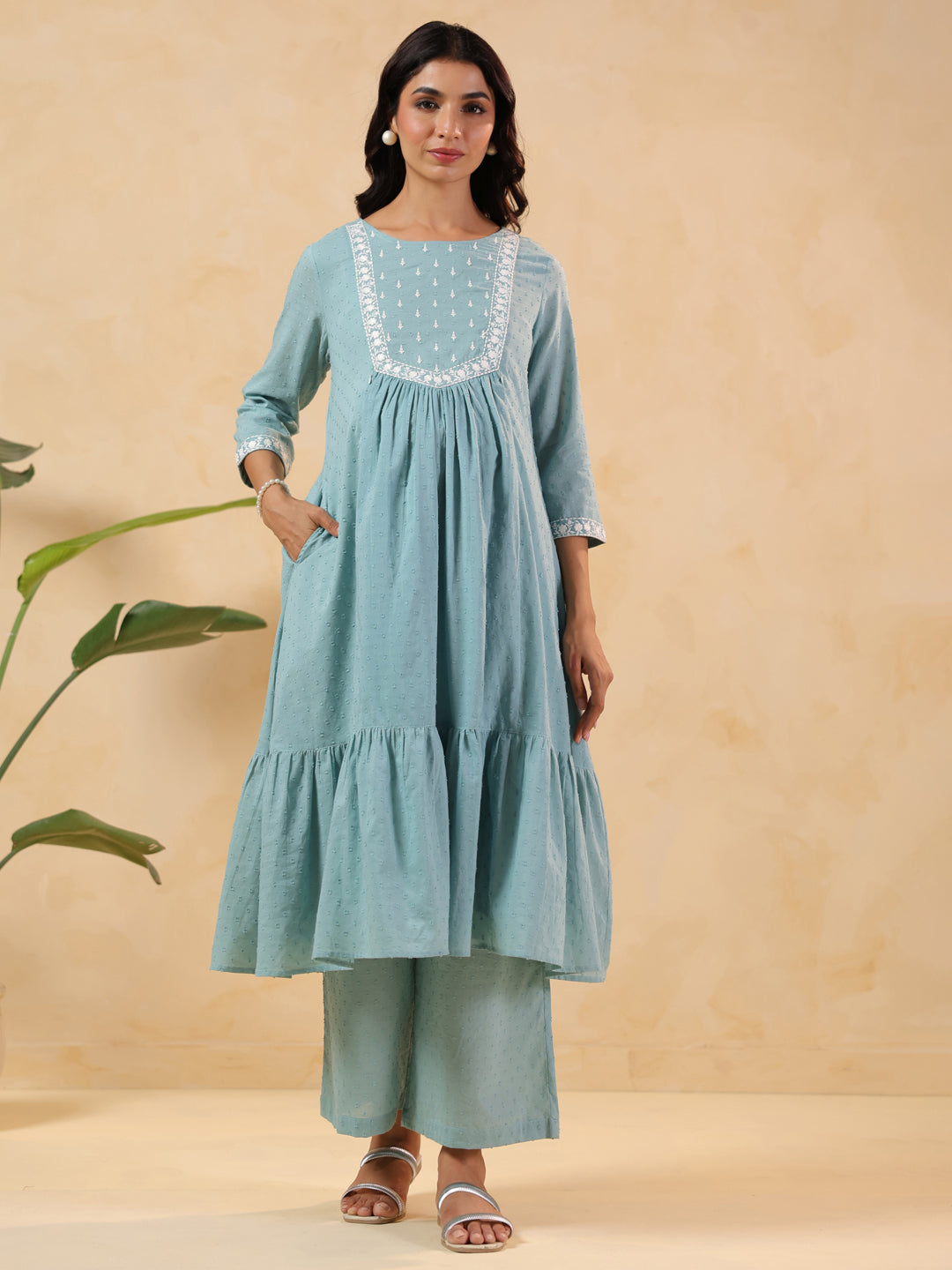Ninnique Women's Light Blue Dobby Pure Cotton Yoke Embroidered A-line Maternity Kurta Pant Set