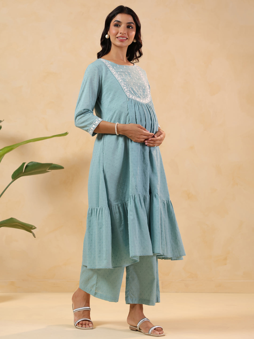 Ninnique Women's Light Blue Dobby Pure Cotton Yoke Embroidered A-line Maternity Kurta Pant Set