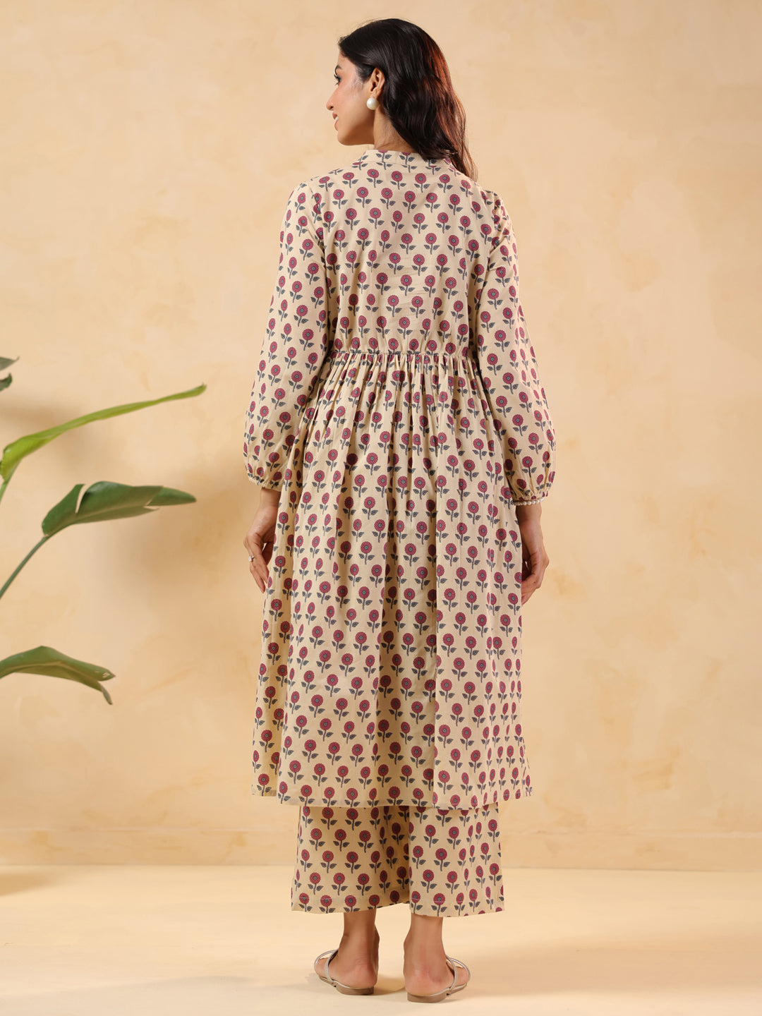 Ninnique Women's Cream Pure Cotton Floral Printed A-line Maternity Kurta Pant Set