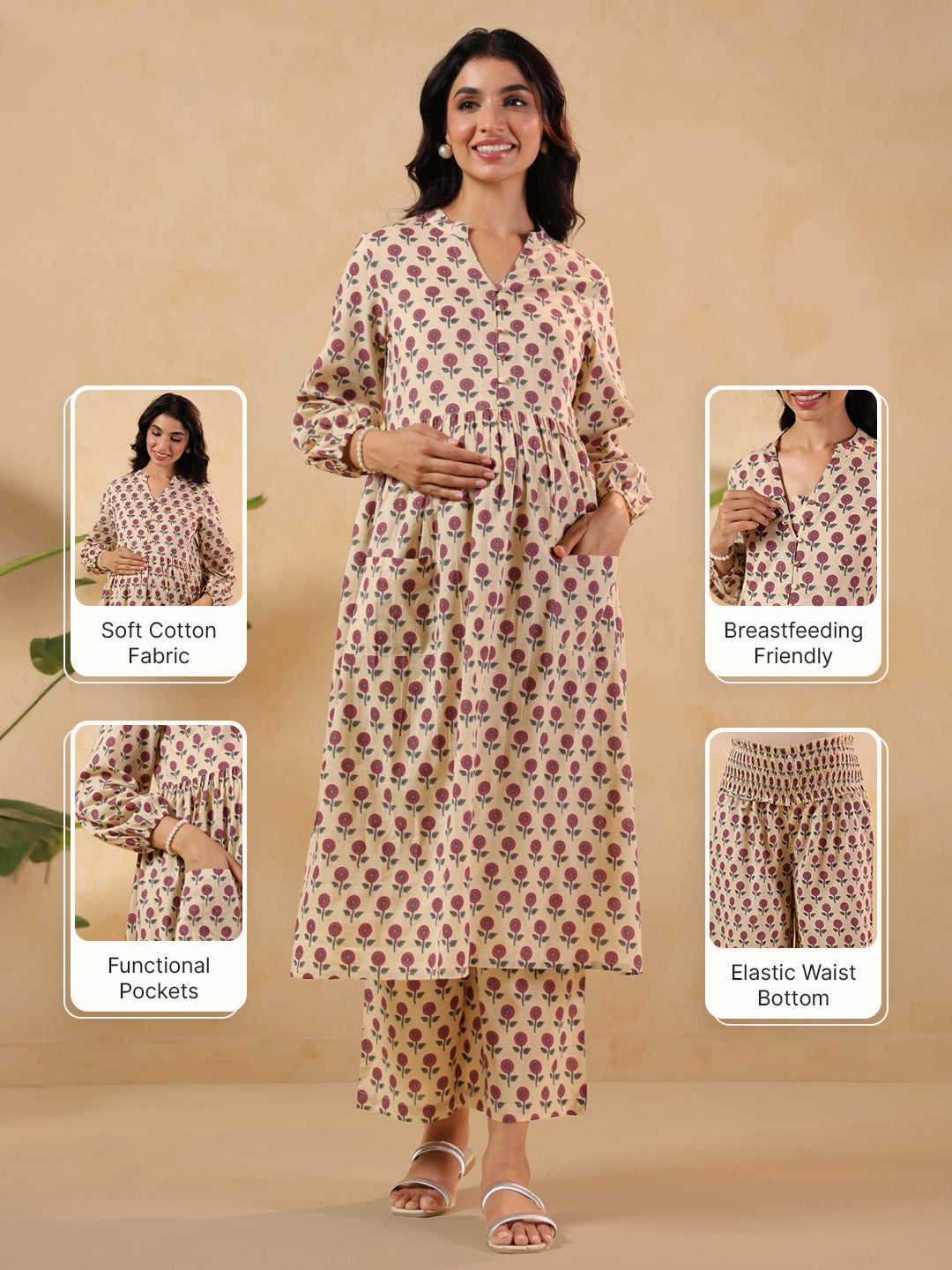 Ninnique Women's Cream Pure Cotton Floral Printed A-line Maternity Kurta Pant Set