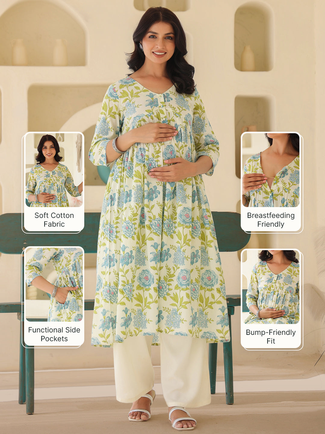 Off White Pure Cotton Floral Printed A-line Maternity Kurta
