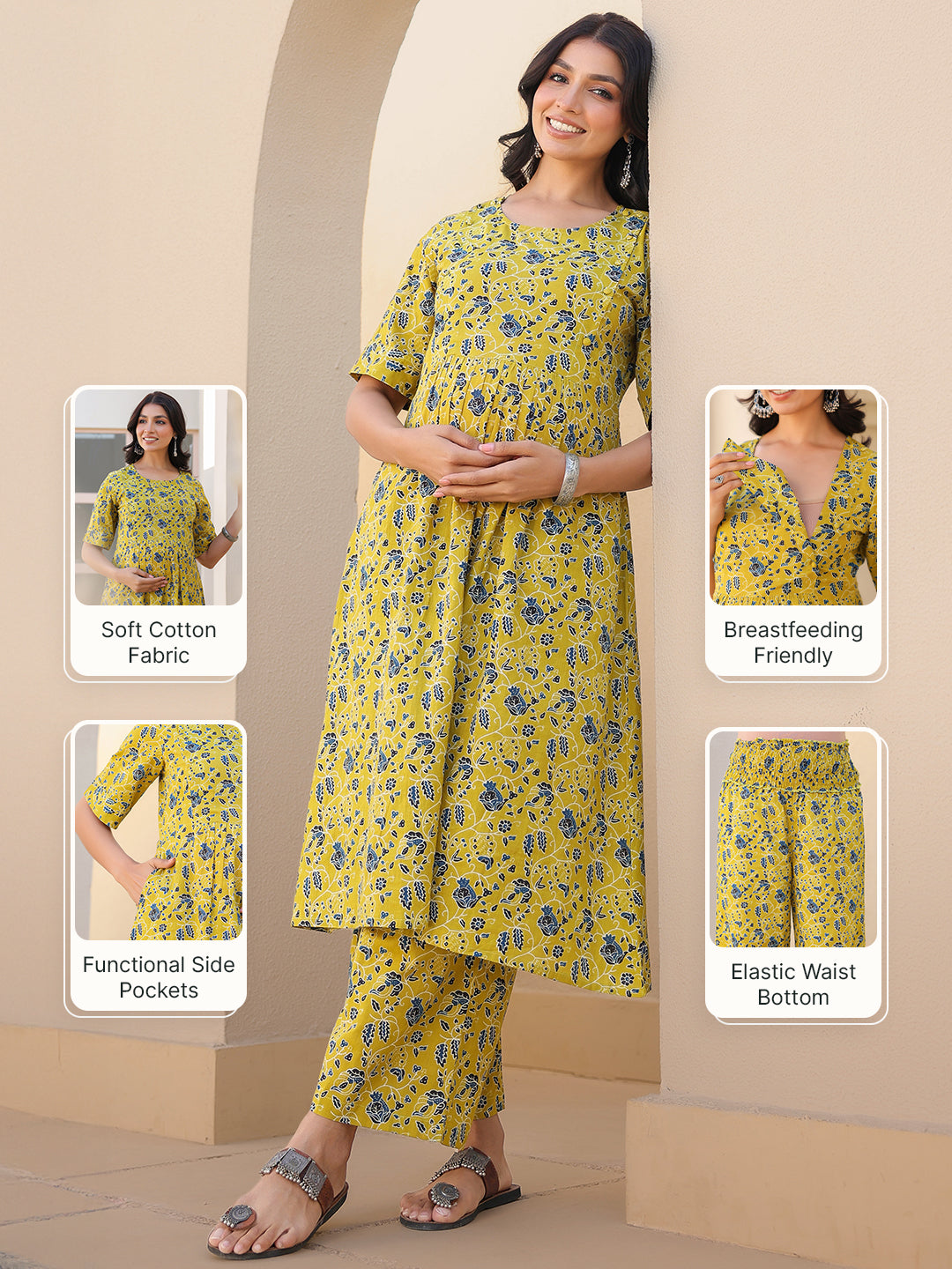 Lime Yellow Pure Cotton Floral Printed A-line Maternity Kurta Pant Set