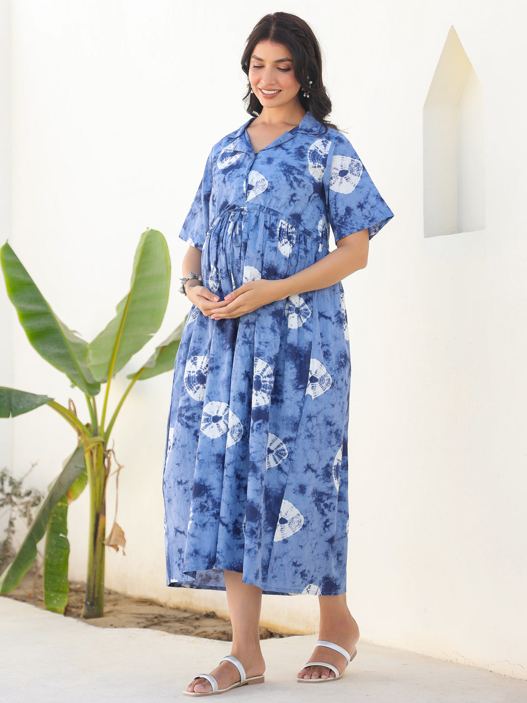 Blue Pure Cotton Tie & Dye Gathered Maternity Dress