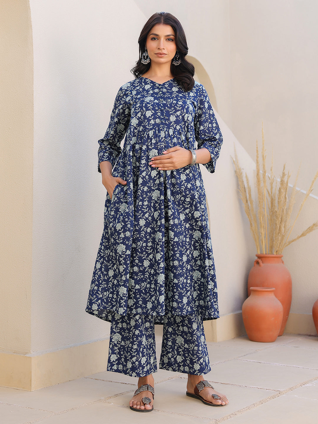 Indigo Pure Cotton Floral Printed Gathered Maternity Kurta Set
