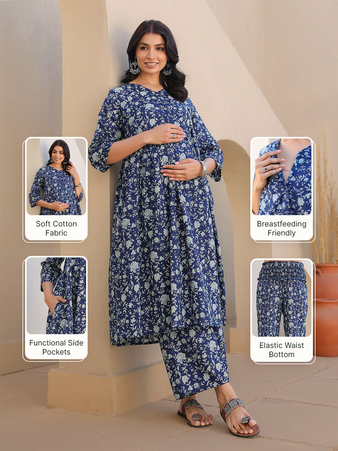 Indigo Pure Cotton Floral Printed Gathered Maternity Kurta Set