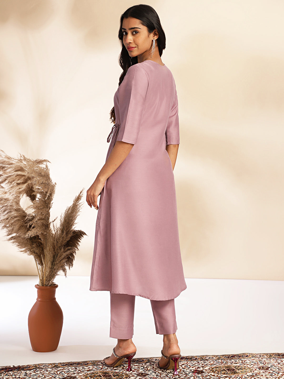 Lavender Silk Blend Solid Angrakha Kurta Set