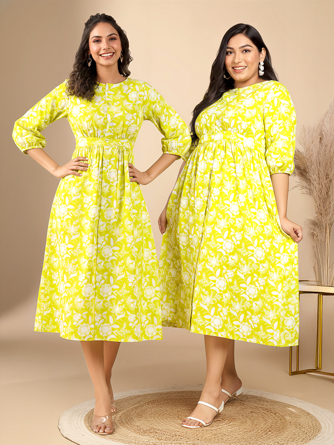 Lime Cotton Floral Gathered Dress