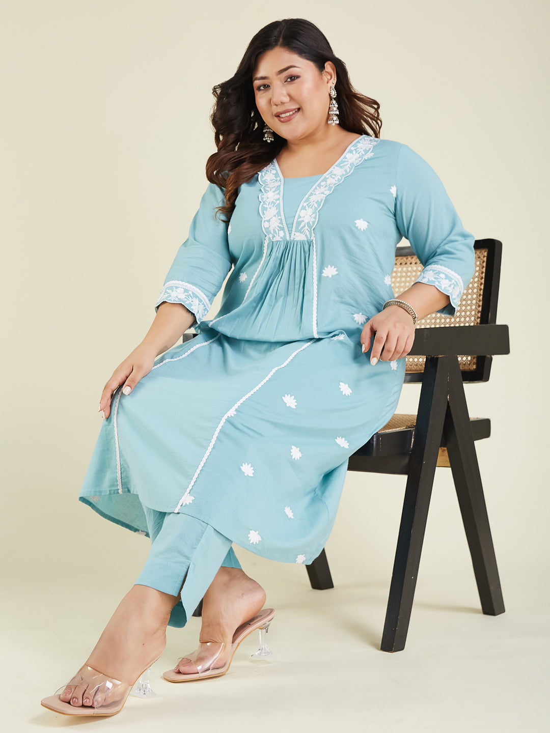 Ninnique Women's Plus Size Light Blue Pure Cotton Embroidered A-line Kurta Pant Set