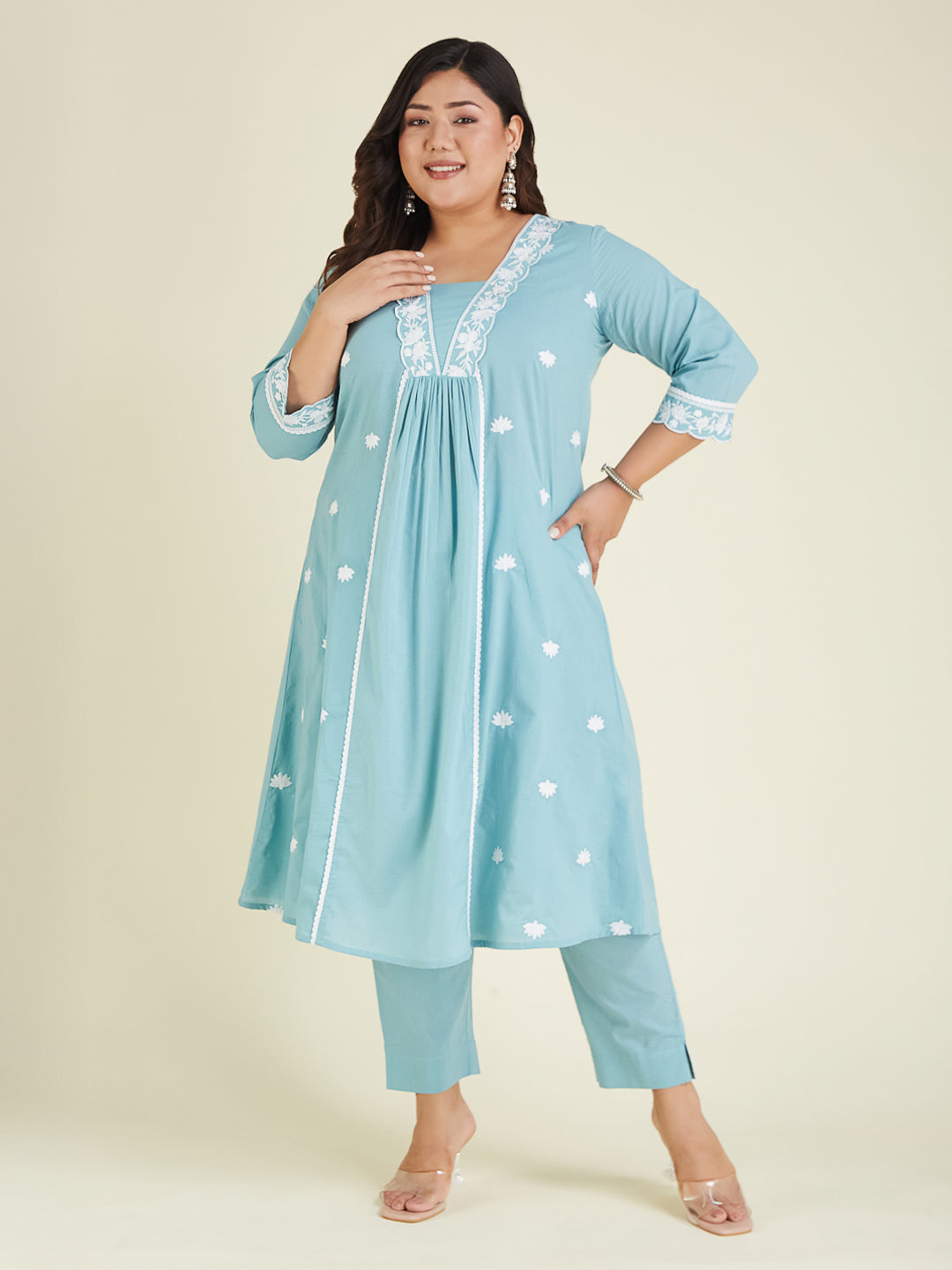 Ninnique Women's Plus Size Light Blue Pure Cotton Embroidered A-line Kurta Pant Set