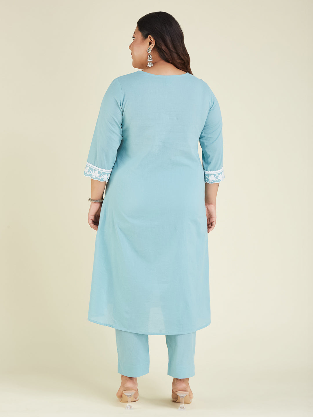 Ninnique Women's Plus Size Light Blue Pure Cotton Embroidered A-line Kurta Pant Set
