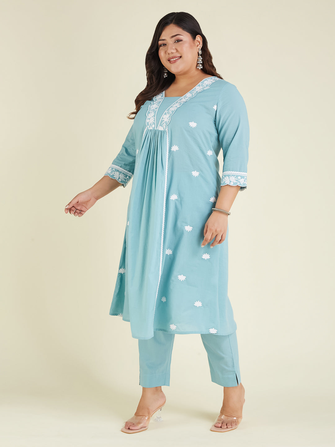 Ninnique Women's Plus Size Light Blue Pure Cotton Embroidered A-line Kurta Pant Set