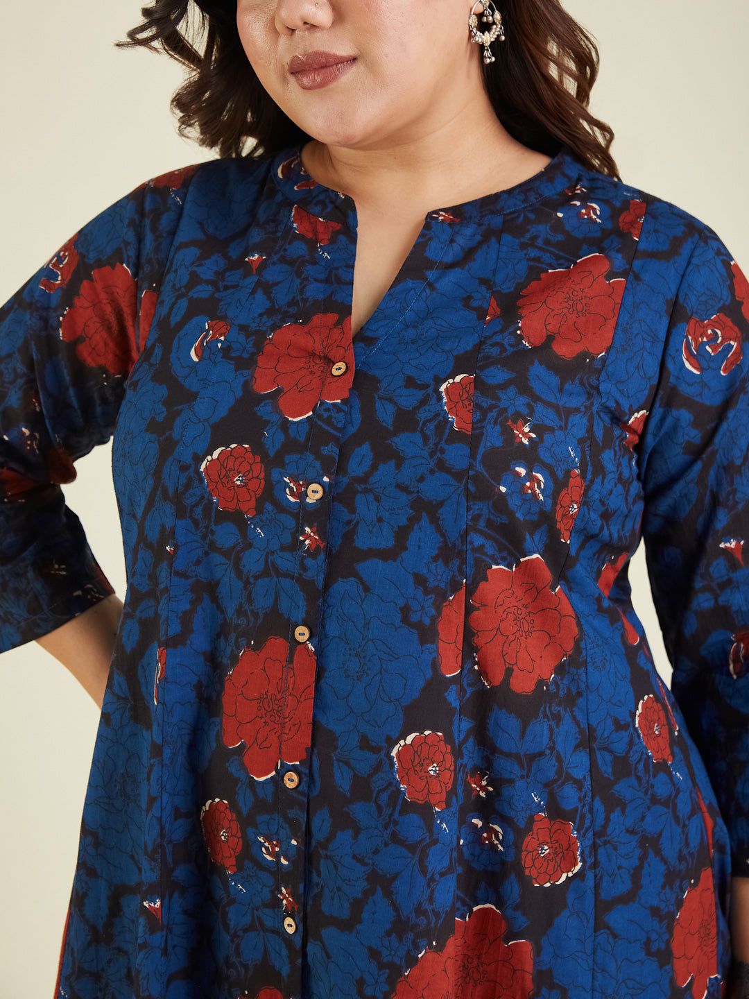 Ninnique Women's Plus Size Navy Blue Pure Cotton Floral Printed A-line Kurta Pant Set