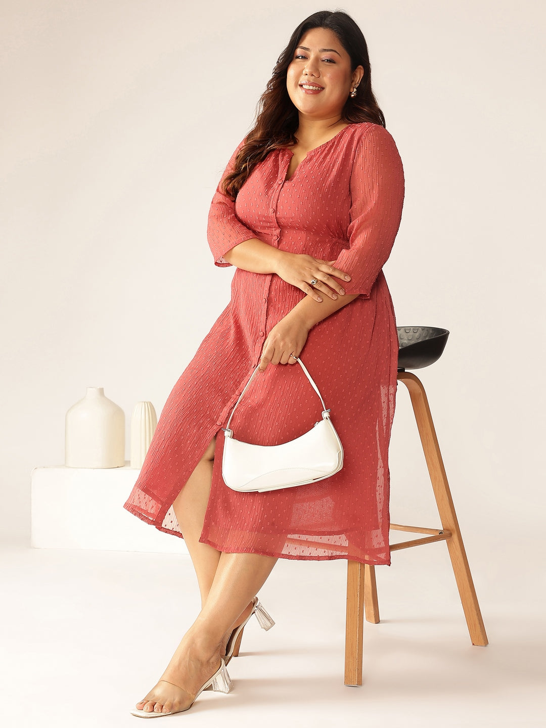 Ninnique Women's Plus Size Mauve Dobby Chiffon Self Design A-line Kurta