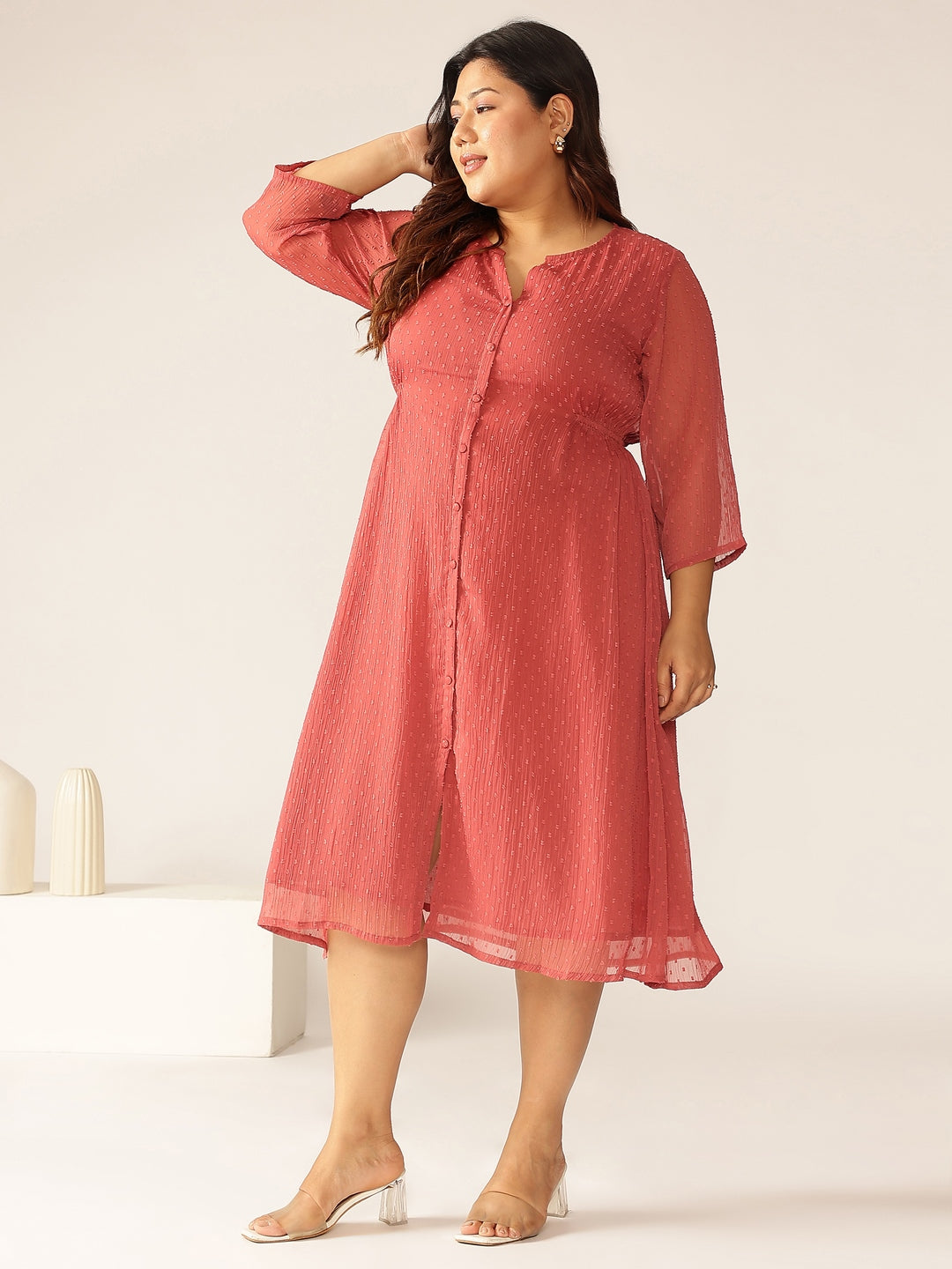 Ninnique Women's Plus Size Mauve Dobby Chiffon Self Design A-line Kurta