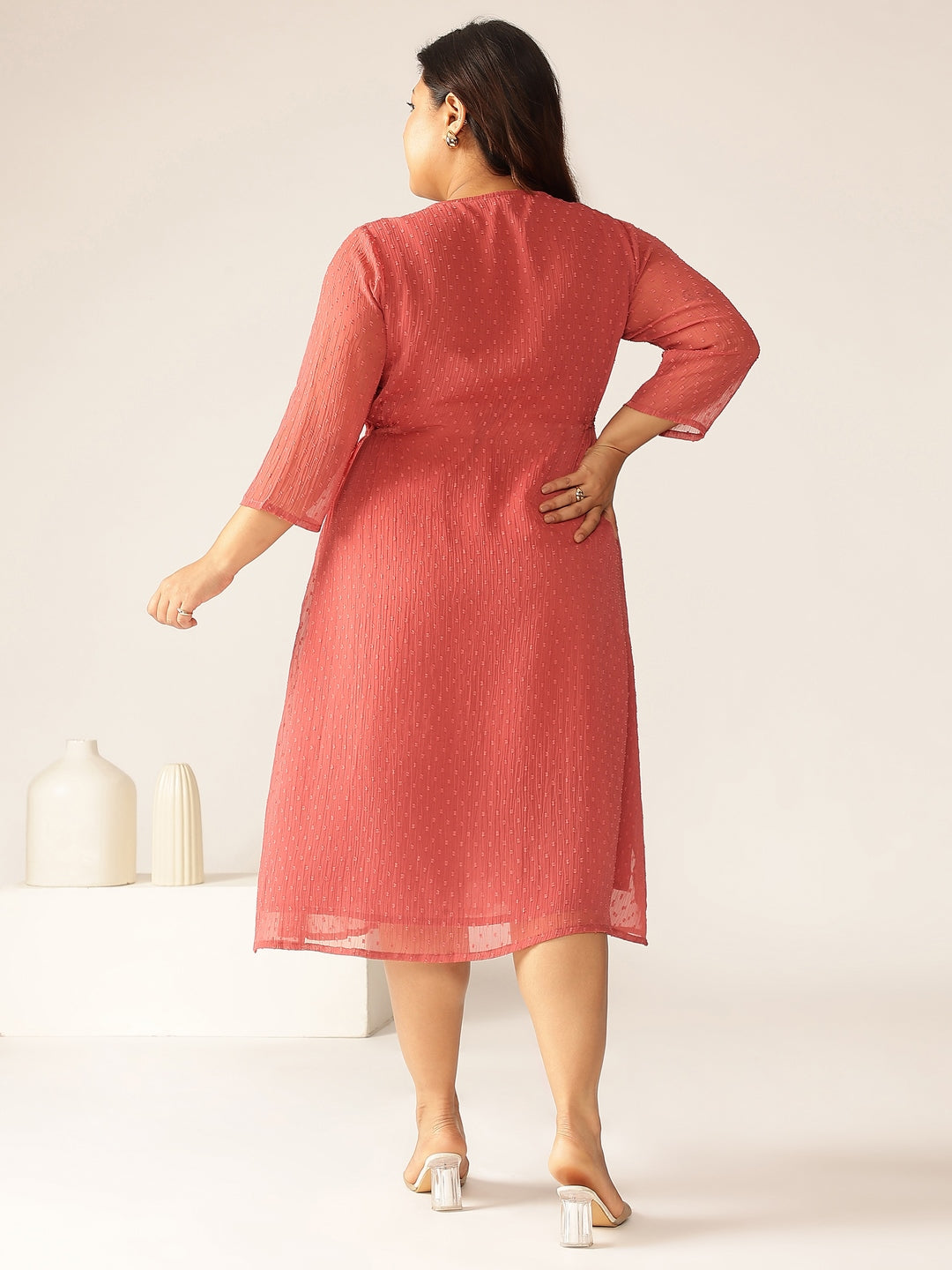 Ninnique Women's Plus Size Mauve Dobby Chiffon Self Design A-line Kurta