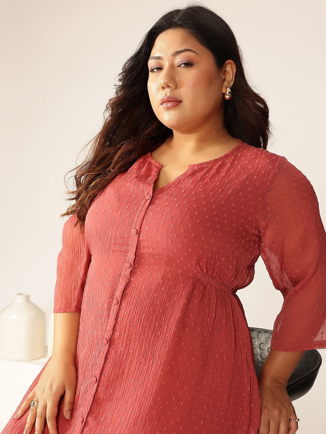 Ninnique Women's Plus Size Mauve Dobby Chiffon Self Design A-line Kurta