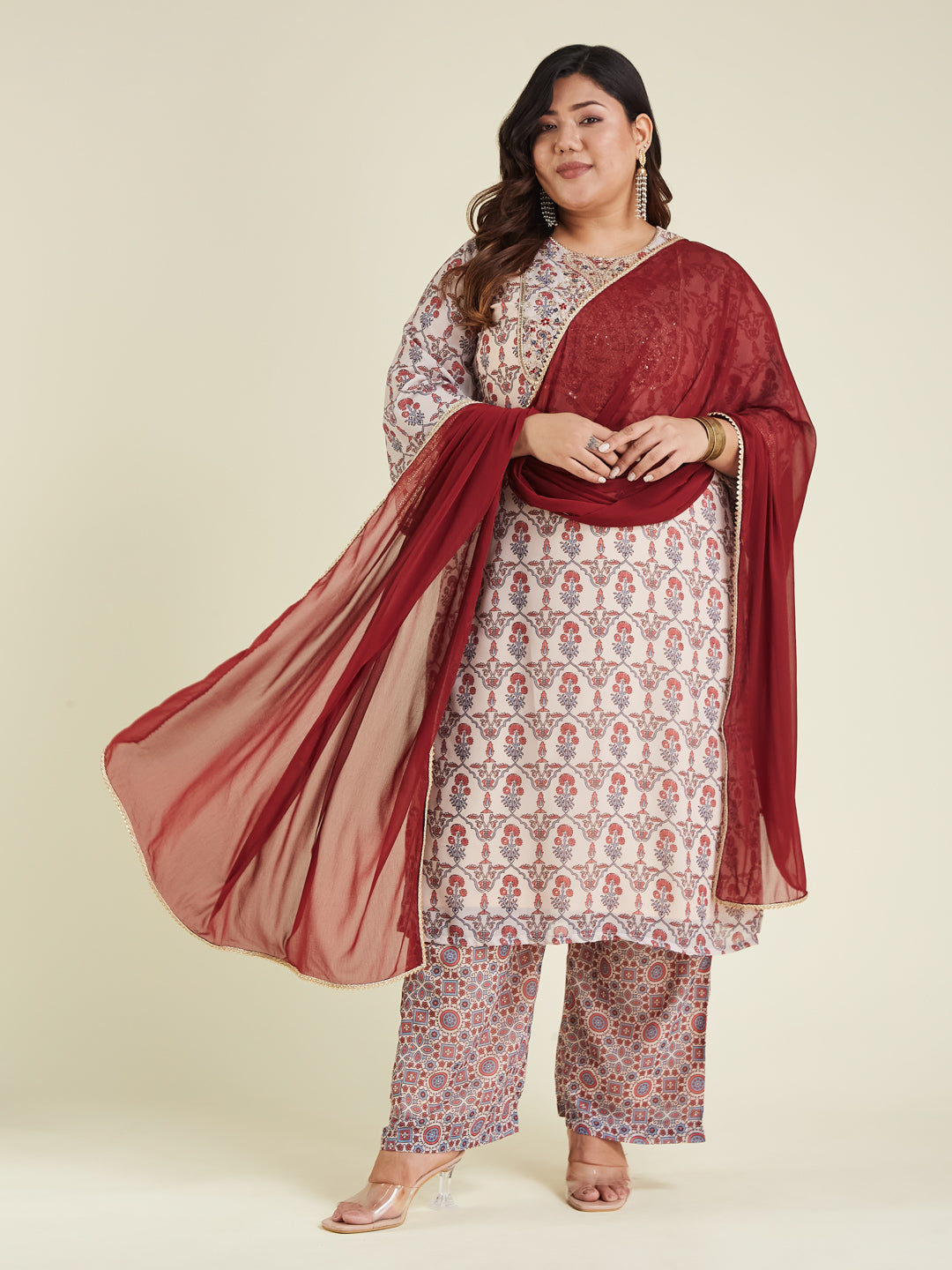 Ninnique Women's Plus Size Cream & Maroon Georgette Embroidered Ajrakh Printed Straight Kurta Set