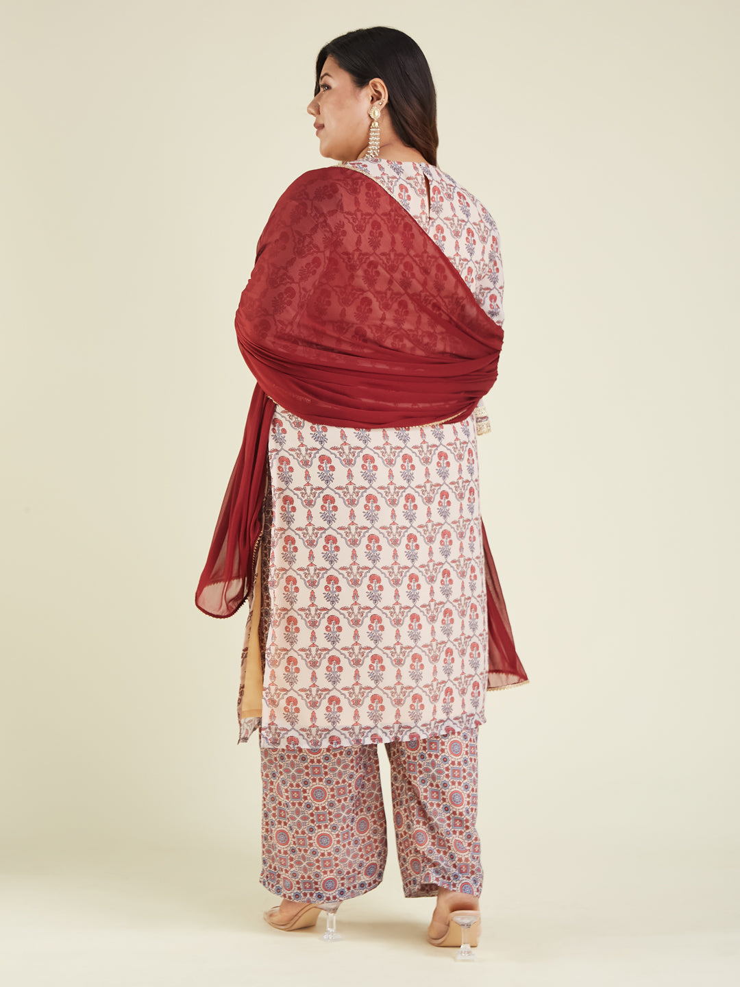 Ninnique Women's Plus Size Cream & Maroon Georgette Embroidered Ajrakh Printed Straight Kurta Set