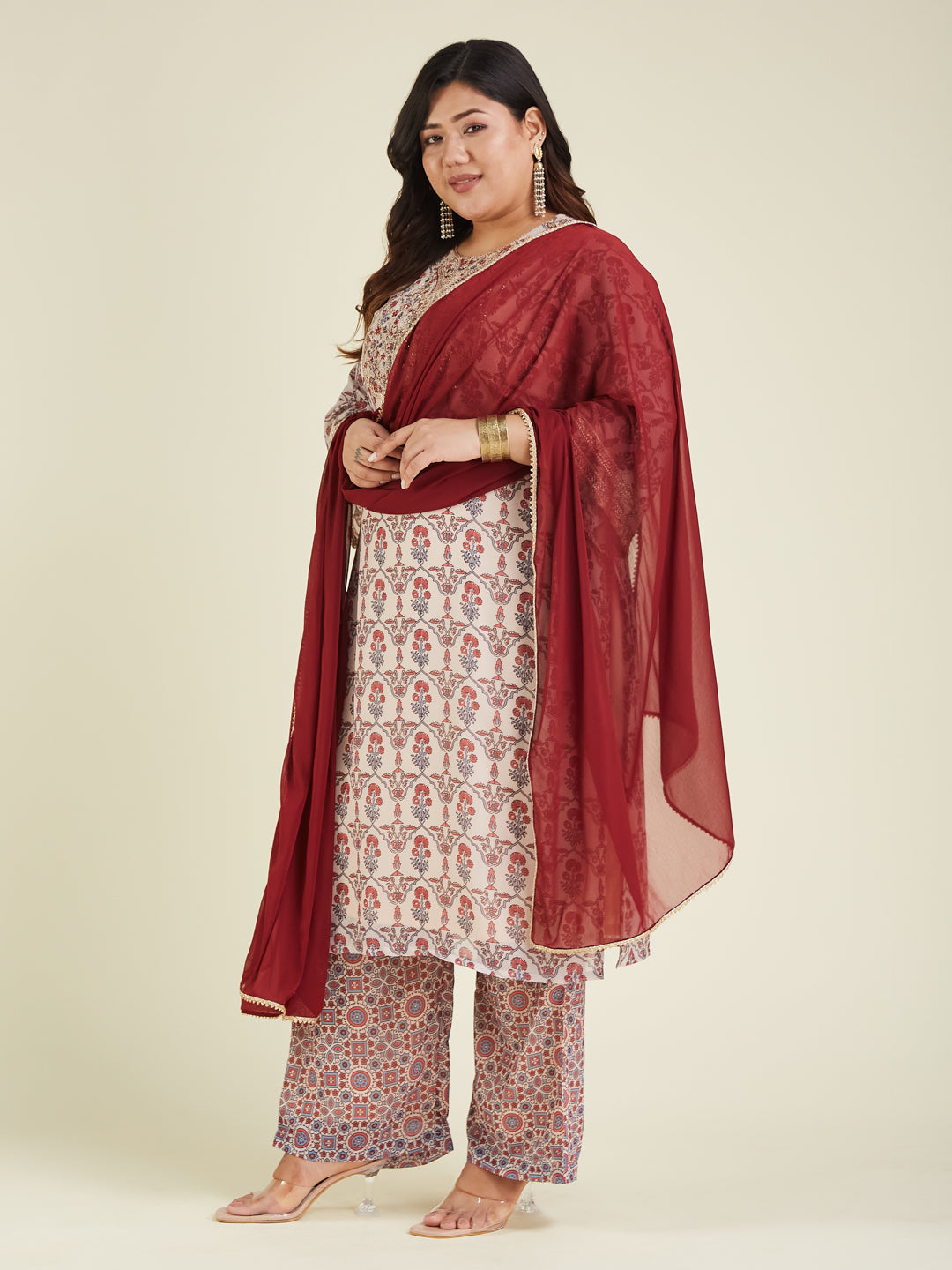 Ninnique Women's Plus Size Cream & Maroon Georgette Embroidered Ajrakh Printed Straight Kurta Set
