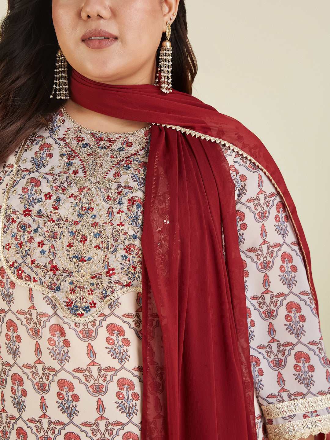 Ninnique Women's Plus Size Cream & Maroon Georgette Embroidered Ajrakh Printed Straight Kurta Set